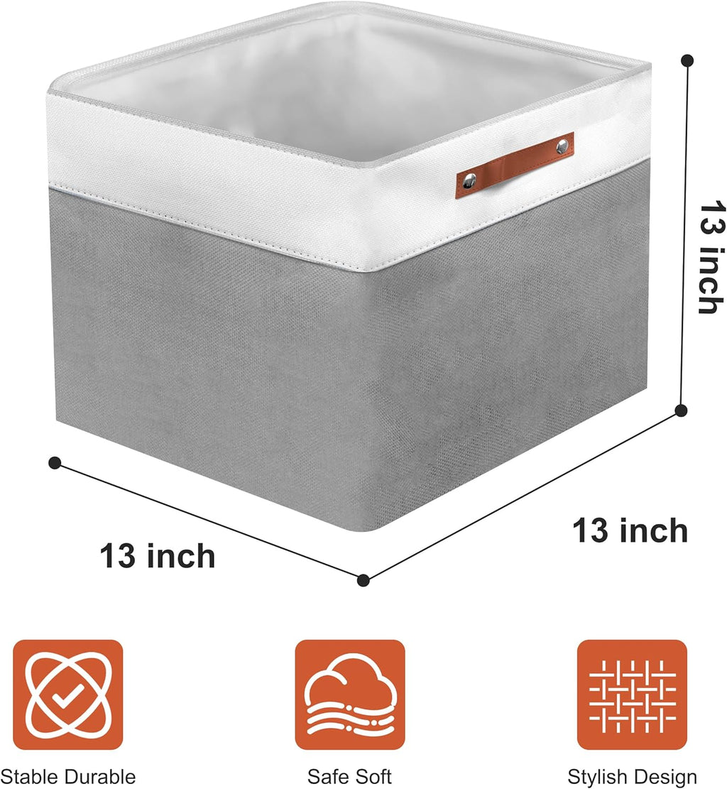 13in Open Fabric Storage Basket with Leather Handles for Organizing, Collapsible Linen Closet Bins for Shelves, Closets, Laundry, Decorative Basket for Gifts. (White＆Gray, 3PCS/13x13in)