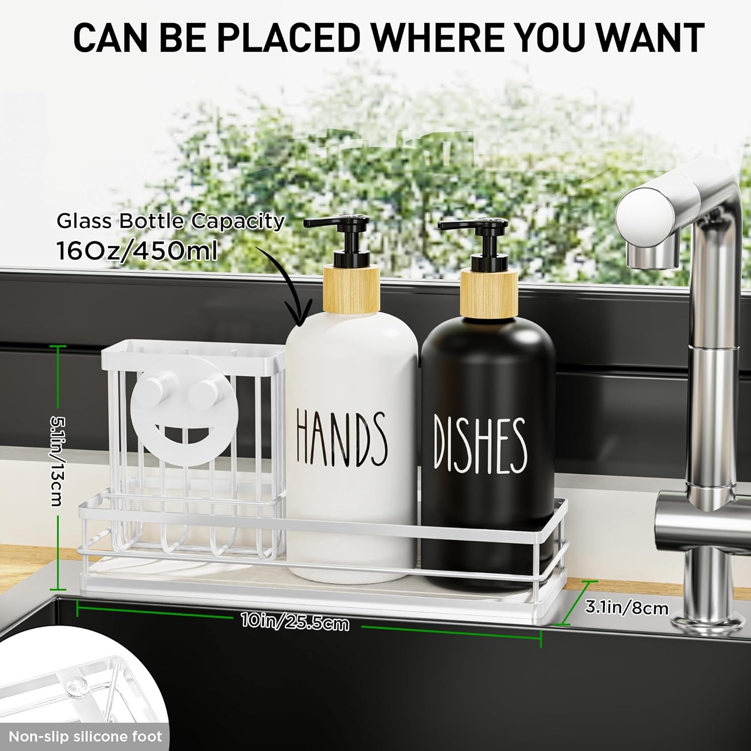 Moforoco Kitchen Dish Soap Dispenser Set, 16OZ Glass Bottle, Hand and Dish Soap Dispenser Set, Instant Dry Tray, Non-Slip Silicone Pad, Brush Holder with Smiley Face Sponge Holder, Kitchen Decor