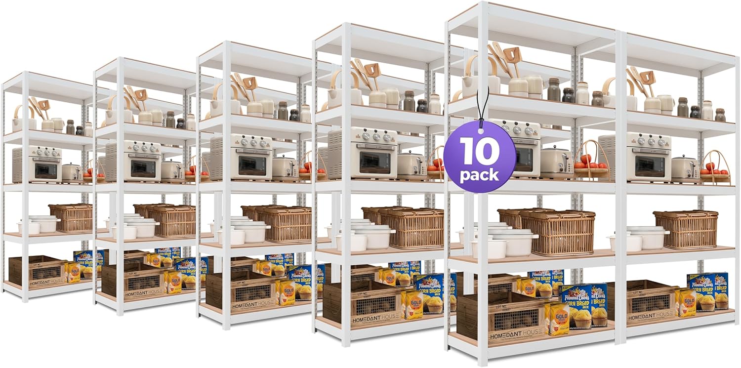 HOMEDANT House 5-Tier Laminated Metal Shelving Unit Adjustable Storage Utility Rack Heavy Duty Shelves Organization Multipurpose Shelf Kitchen Garage Pantry Closet 10Pack