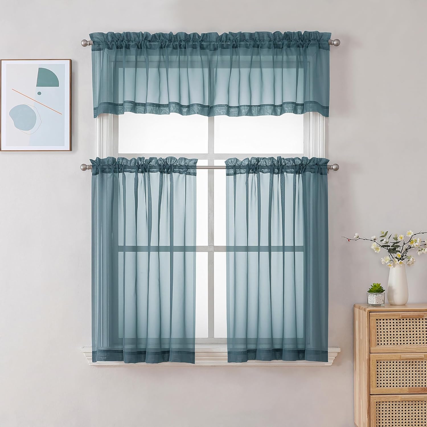 Chyhomenyc Dusty Blue Sheer Curtains 36 inch Length 2 Panels, Light Filtering Voile Short Window Curtians for Bathroom Small Windows, 42Wx36L inches,Stone Blue