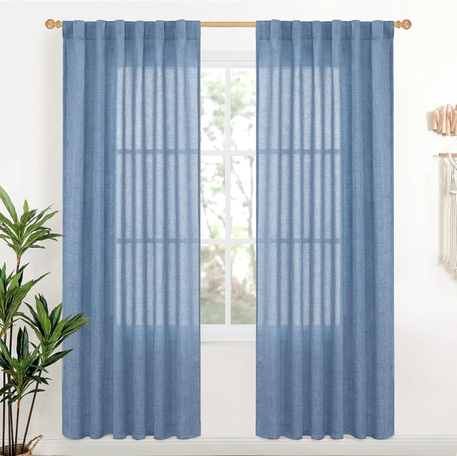 YoungsTex Denim Blue Linen Curtains 78 Inch Length for Living Room, Light Filtering Semi Sheer Window Drapes Rod Pocket Back Tab Curtain for Bedroom Office Dining Coastal, 2 Panels, 52 X 78 Inch