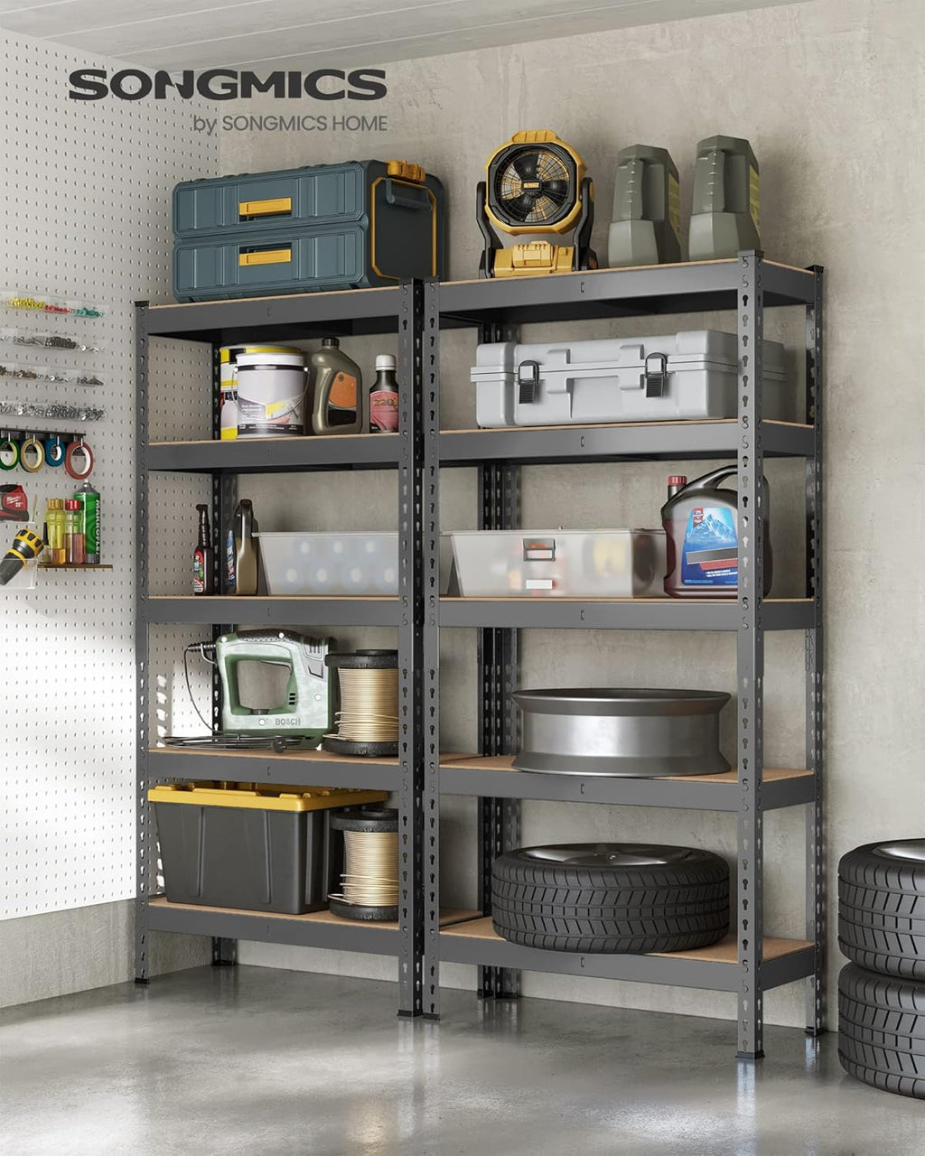 SONGMICS 5-Tier Storage Shelves, Load 2310 lb, Set of 2 Garage Storage, Boltless Assembly, Adjustable Shelving Unit, 11.8 x 29.5 x 59.1 Inches, for Study Shed Basement, Gray UGLR300G02