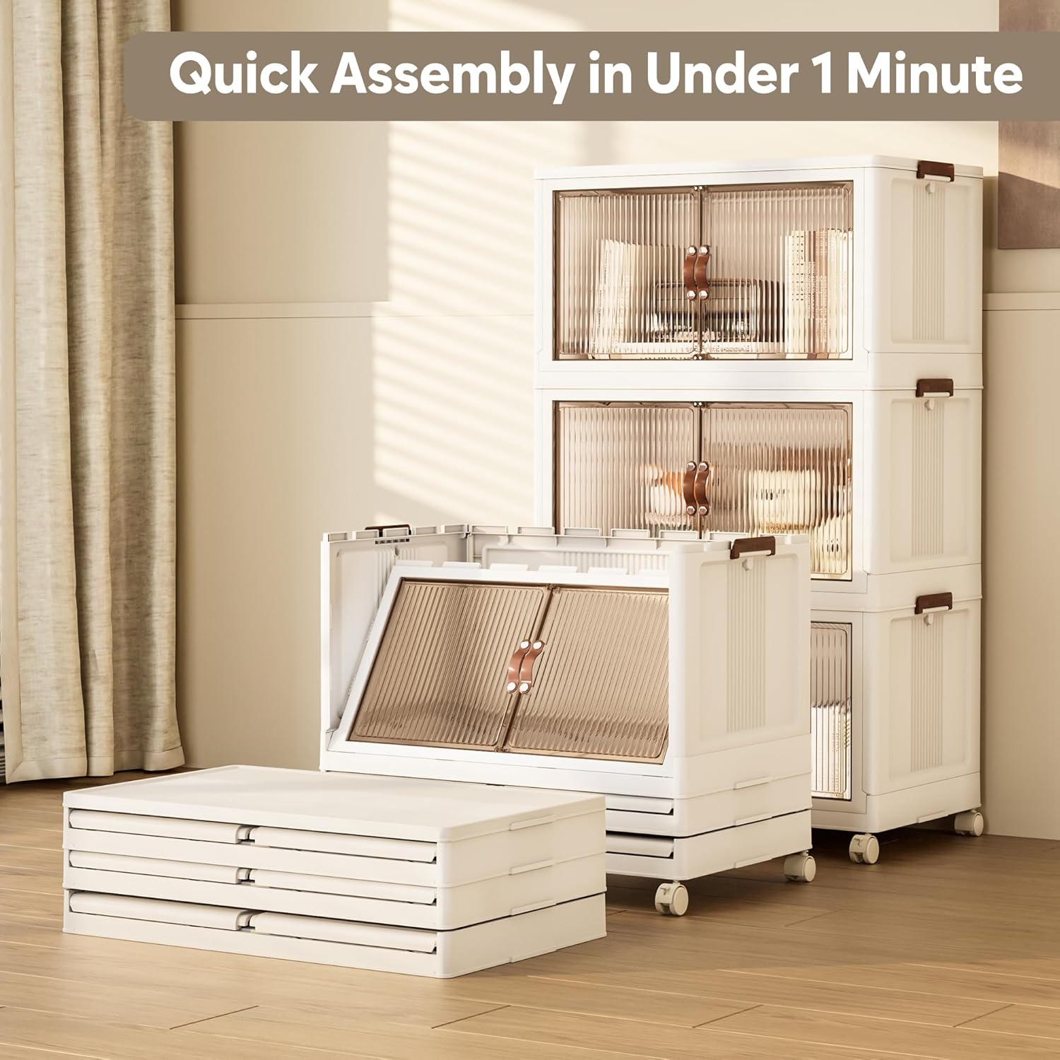 Jalove 88QT Plastic Storage Bins with lids, Stackable Collapsible Storage Containers with Wheels, Closet Organizer and Storage Drawers, Clothes Storage Cabinet for Home Office Garage, 3 Pack White