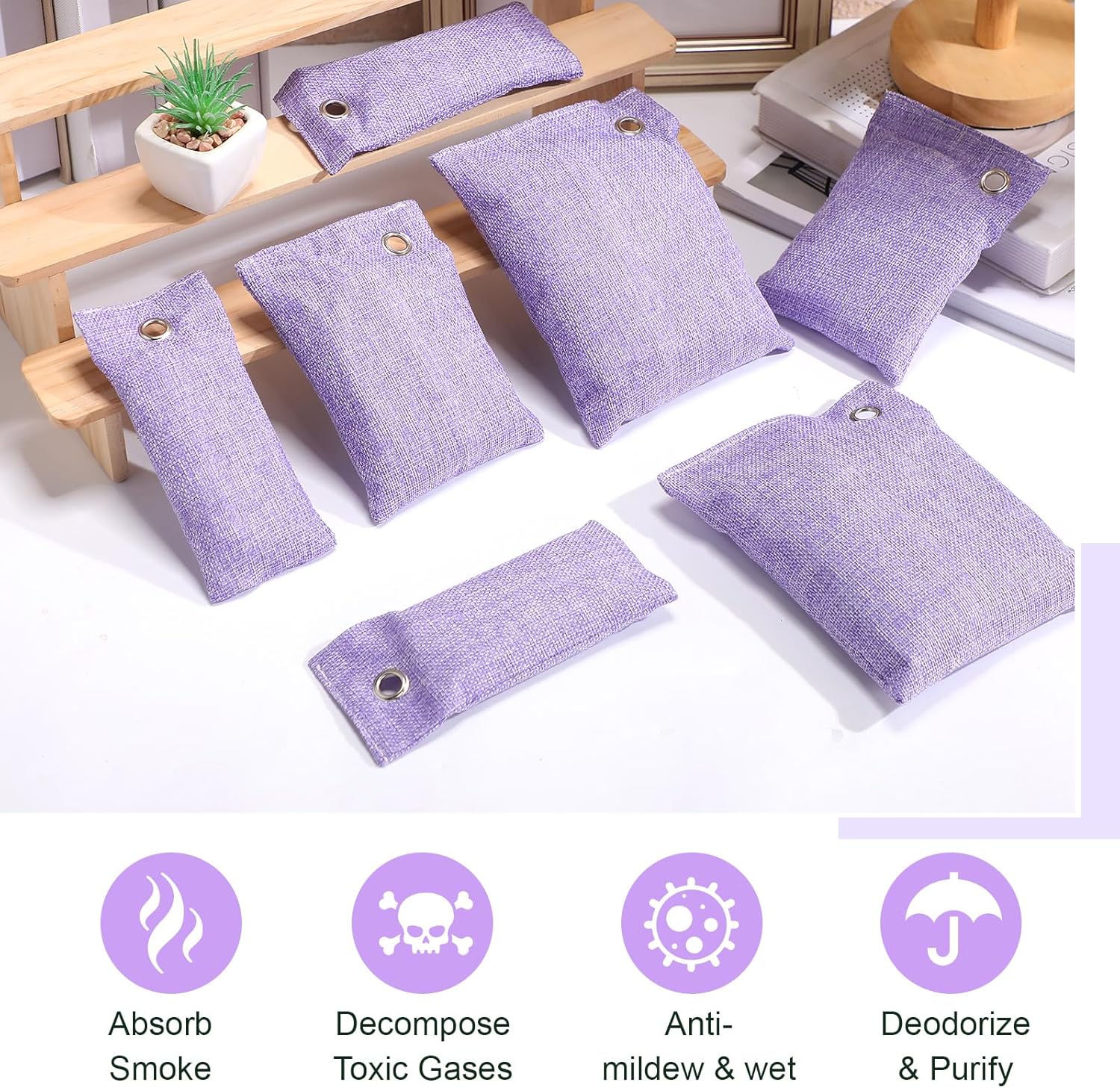 Nuanchu 24 Pcs Activated Charcoal Odor Absorber 50g/100g/200g, Air Purifying Bamboo Charcoal Bags, Natural Shoe Odor Absorber, Deodorizer Absorbers for Fresh Car Home Closet Pet Basement Smell(Purple)