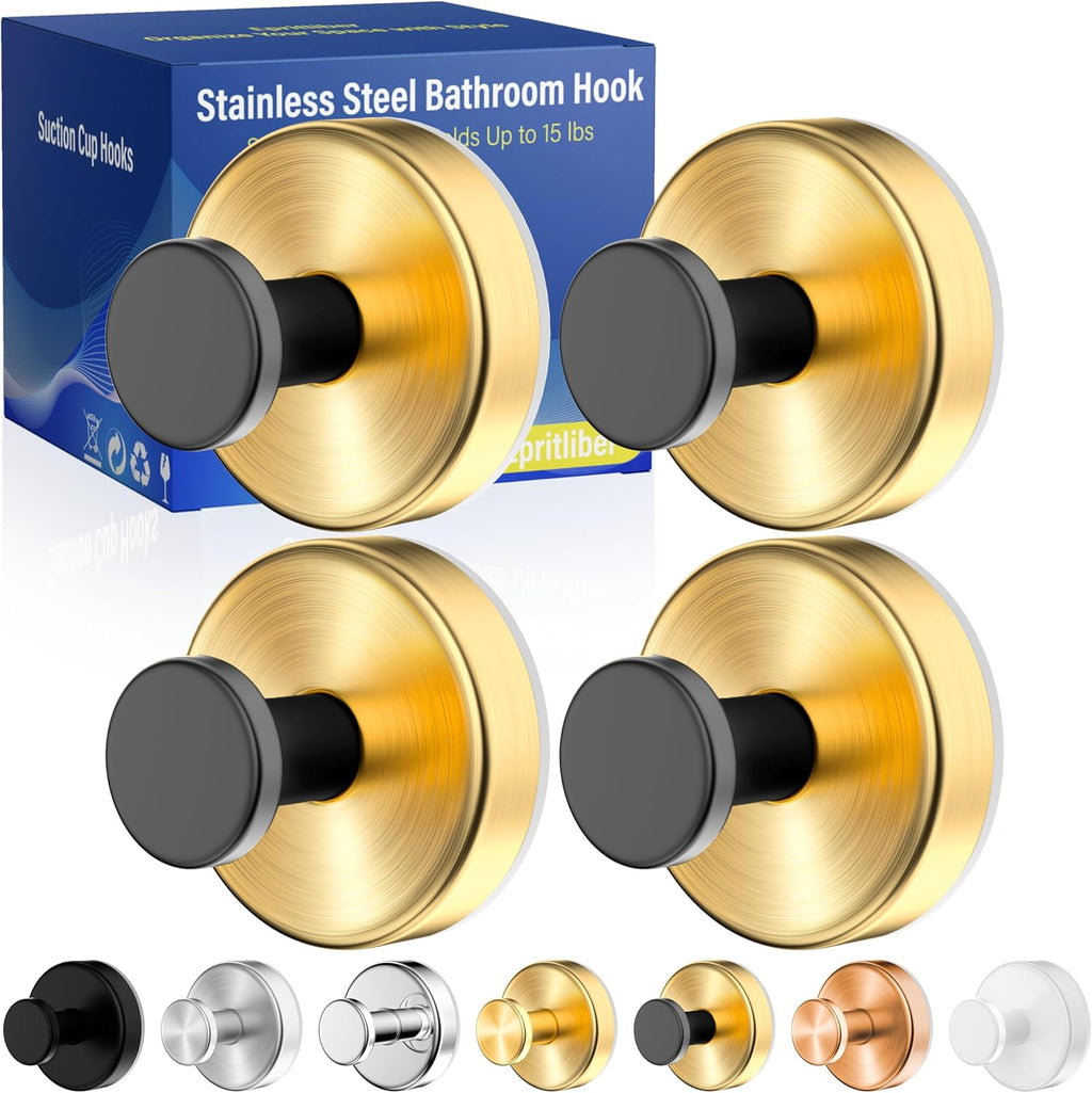 Suction Cup Hooks for Shower,Wreath Hanger for Front Door,Removable No Drill Towel Loofah Hooks,Upgraded 15 lbs Strong Suction for Bathroom,Wall,Glass,Stainless Waterproof-Black Gold 4 Pcs