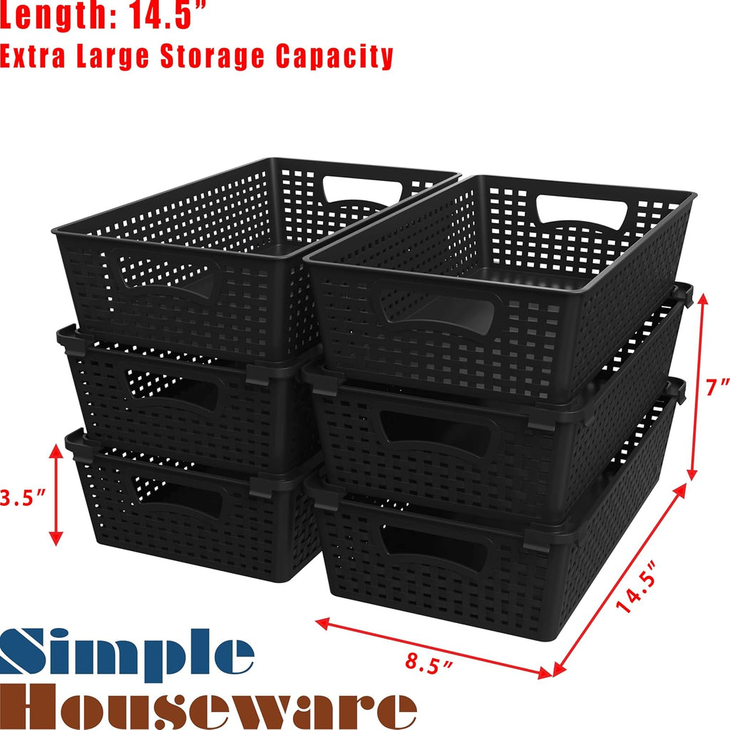 Simple Houseware Stackable Plastic Woven Basket Organizer, 6 Pack, 14.5" x 8.5" x 3.5", Black
