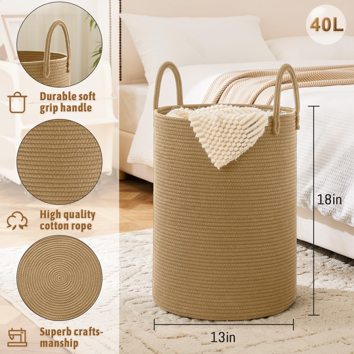 Laundry Basket,Woven Cotton Rope Laundry Hamper,40L for Decorative Storage of Dirty Clothes,Toys and Blankets in Bathroom,Baby Room and Living Room