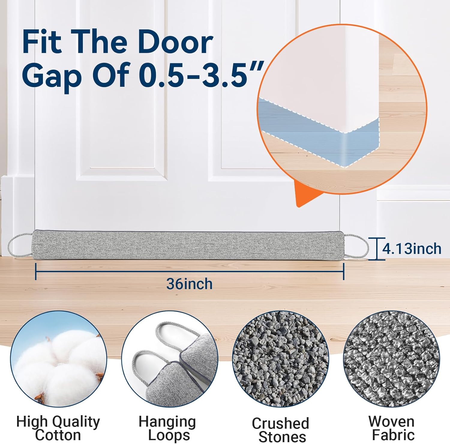 Door Draft Stopper for Bottom of Door, 36’’ Heavy Duty Under Door Draft Blocker Gap Filler, Door Seal for Noise Light Cold Air, with Adhesive Strips, Light Gray