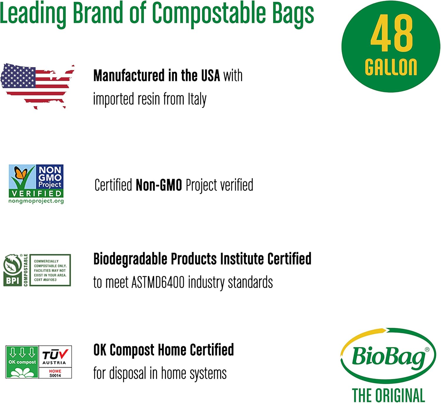 BioBag (USA) The Original Compostable Bag, 48 Gallon, 80 Count, 100% Certified Compostable Trash Bag Liners for Food Waste, Extra Strong and Durable, Trash Bag