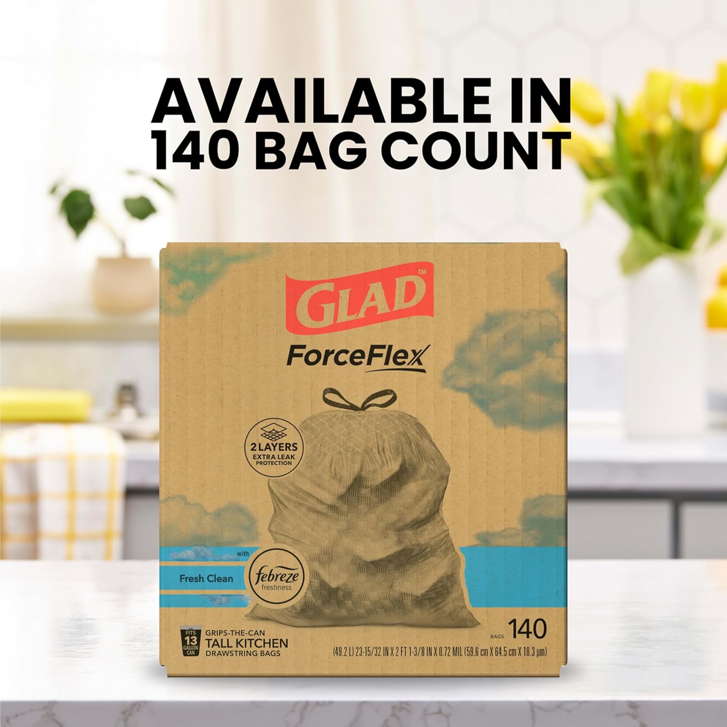 Glad ForceFlex Tall Kitchen Trash Bags, 13 Gallon, Fresh Clean, 140 Count (Package May Vary)
