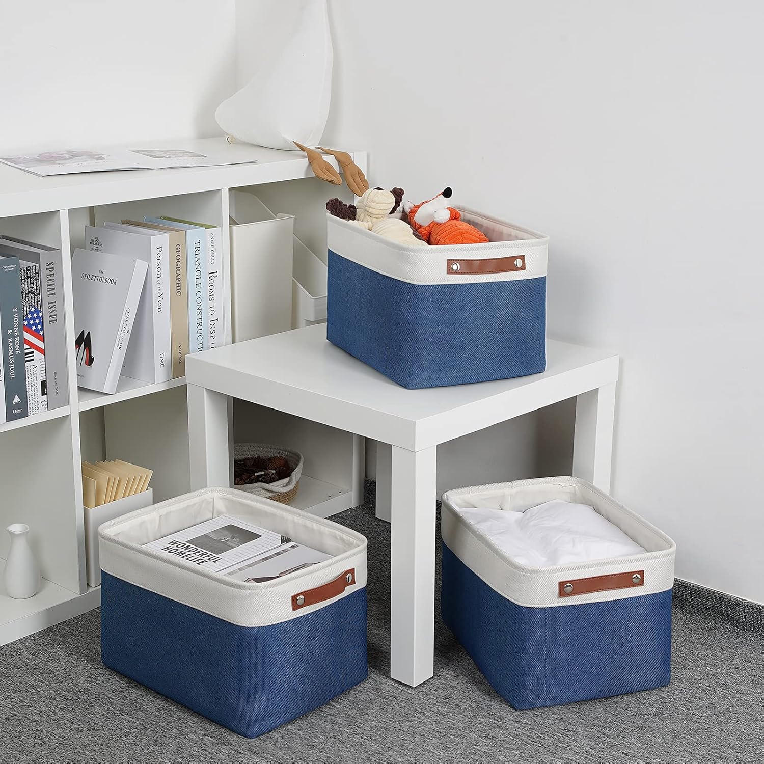 DULLEMELO Fabric Storage Bins, Foldable Storage Baskets for Organizing, Empty Gift Baskets (3-Pack Medium-15 inch X 11 inch X 9.5 inch , White&Blue)