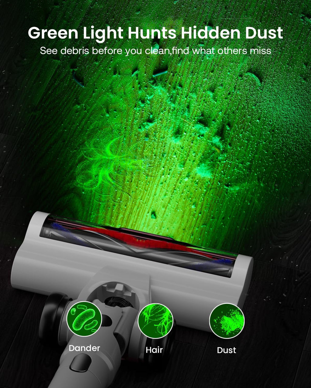Cordless Vacuum Cleaner for Home, Upgraded 60Kpa Powerful Suction Pet Hair Vacuum with 70min Runtime, Green LED Light for Hardwood Floors & Carpet, Self-Standing Rechargeable Stick Vacuum, White