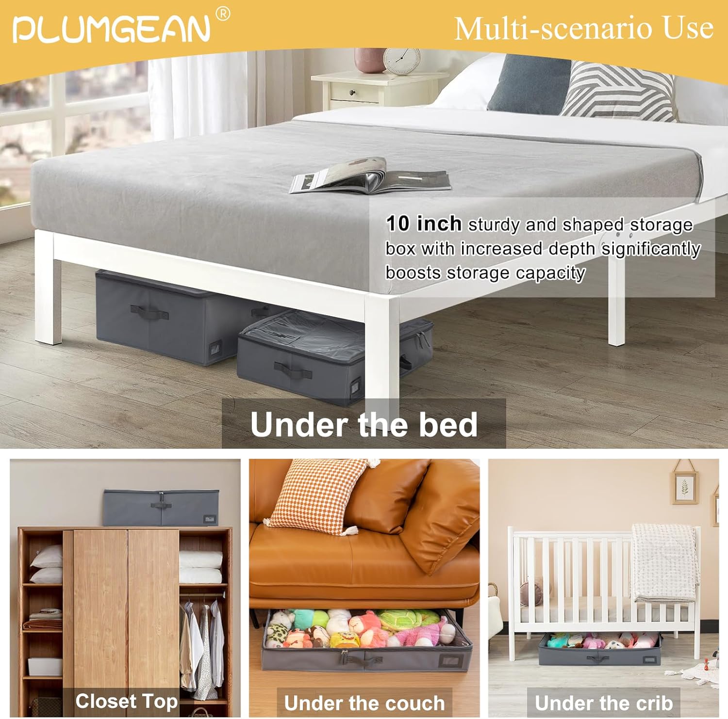 10-Inch Under Bed Storage Containers (3-Pack) | Sturdy Sidewalls | Clear Cover & Label Holder | Foldable Closet Organizer | Stores Clothing/Blankets/Wrapping Paper/Toys