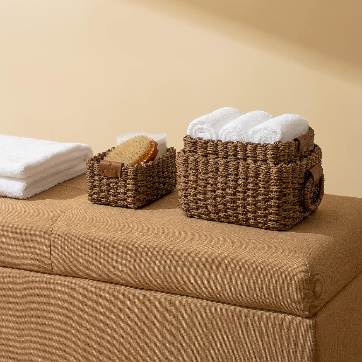 LA JOLIE MUSE Woven Storage Baskets, Recycled Paper Rope Bin Organizer Divider for Cupboards Drawer Closet Shelf Dresser, Set of 3 (Brown)