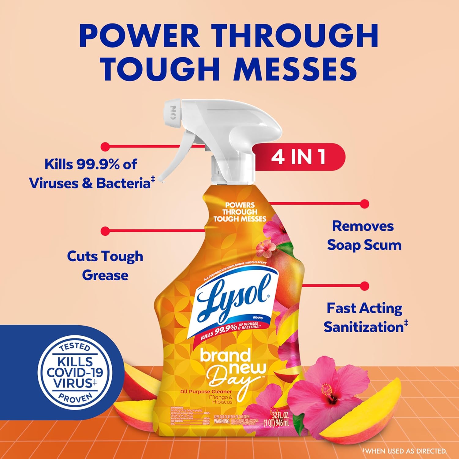 Lysol All Purpose Cleaner Spray, Multi-Purpose Disinfecting Spray, Kitchen & Bathroom Cleaner, Mango & Hibiscus Scent, 32 Fl Oz