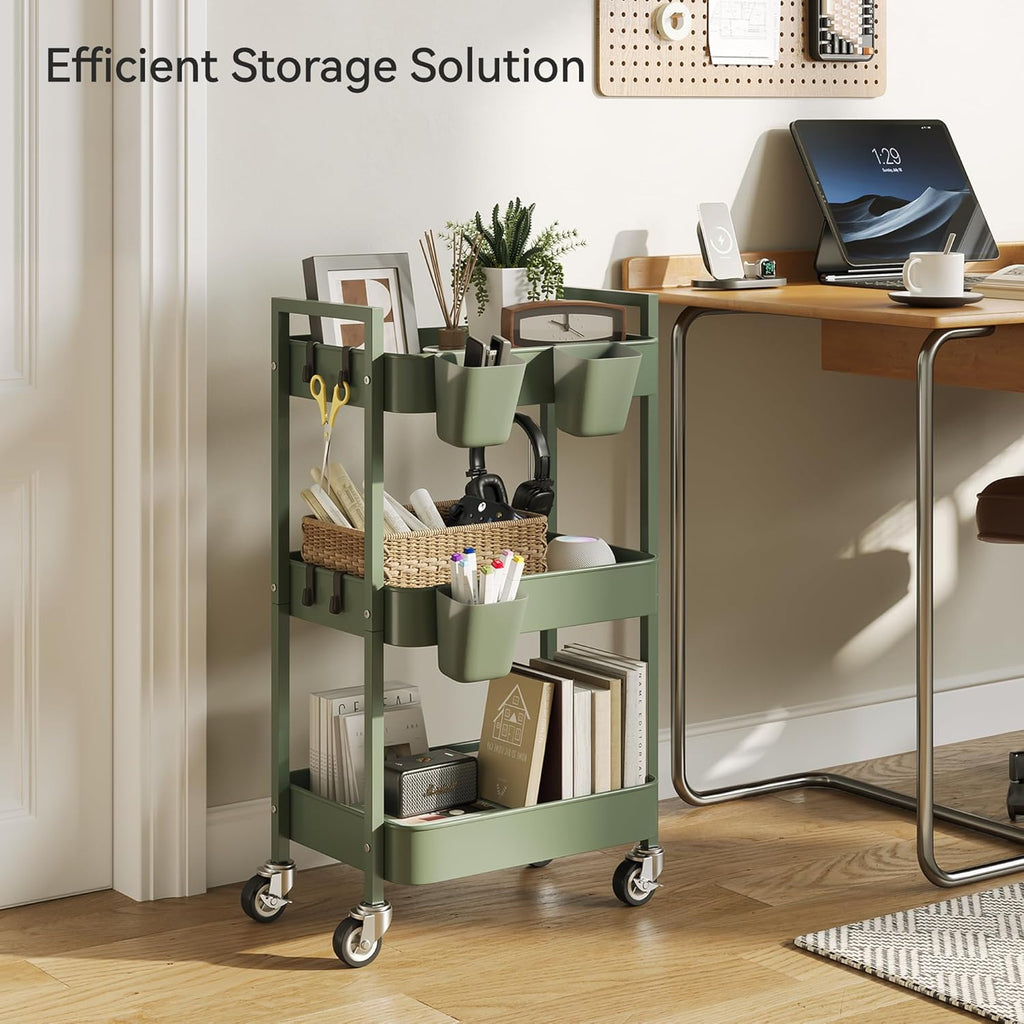 3 Tier Rolling Cart,Utility Cart with Locking Wheels, Hanging Cups,&Hooks, Heavy Duty Metal Storage Organizer Cart for Kitchen,Office, Bathroom,Craft Room,Green