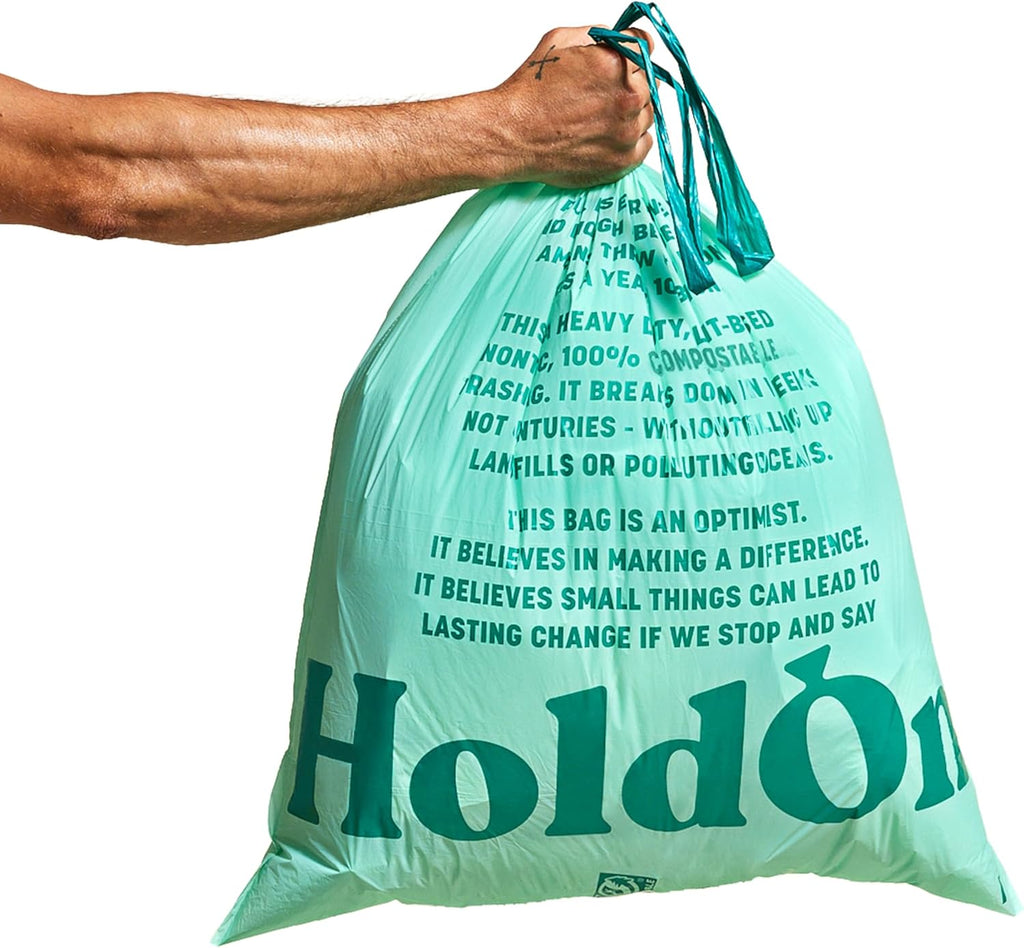 HoldOn 13-Gallon Trash Bags – Plant-based Tall Kitchen Trash Bags with Drawstring Handles for Tall Trash Bins, Heavy-duty and Compostable Large Trash Bags (40 bags)