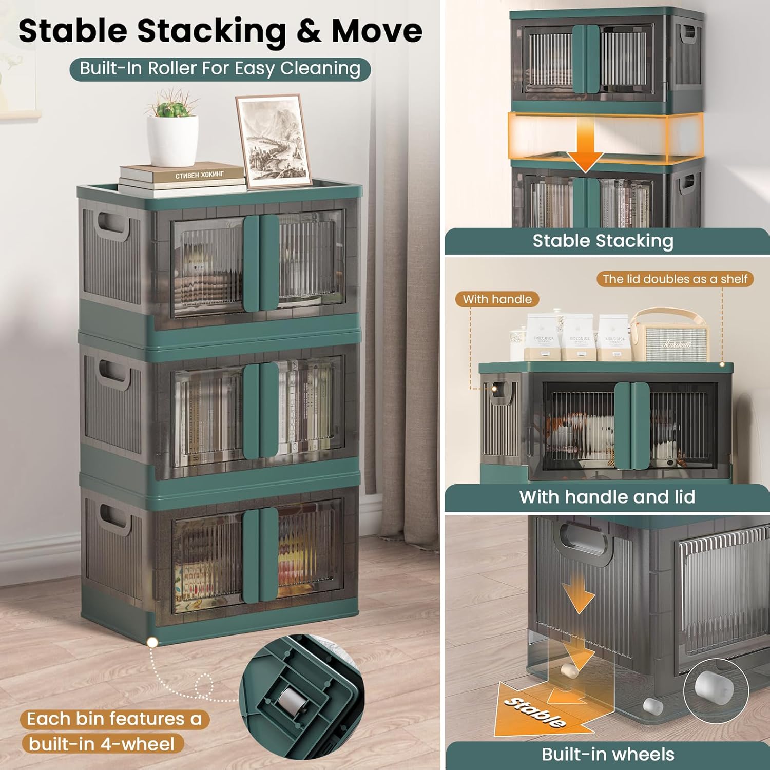 8.4Gal Collapsible Storage Bins with Lids & Wheels - 6 Pack Stackable with Doors, Heavy-Duty Plastic Containers for Home/Office, Green