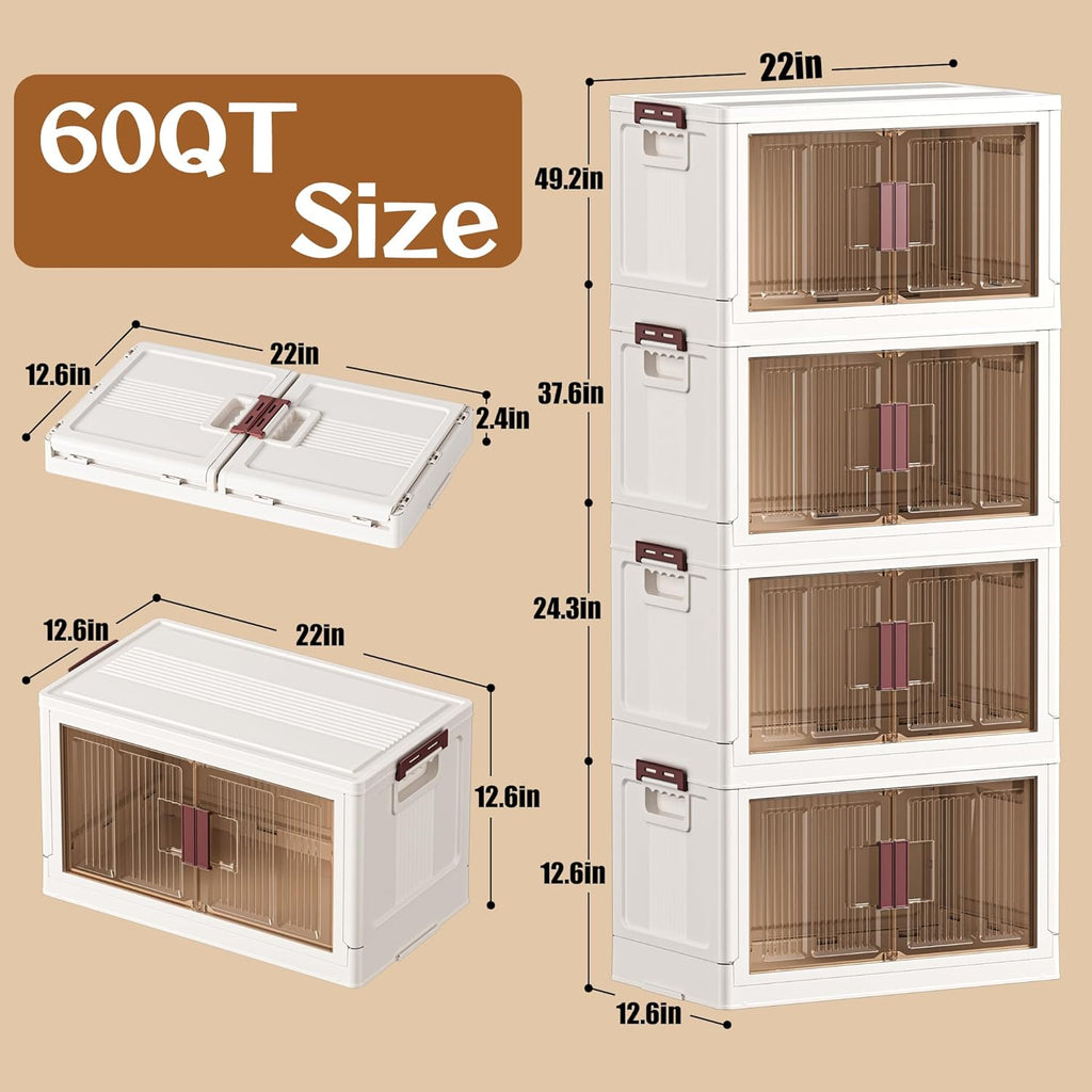 60GAL/240QT 4 Tier Large Stackable Storage Bins with Lids and Wheels, Collapsible Storage Bins Plastic with Doors, Suitable for Clothes, Closet, Home and Office