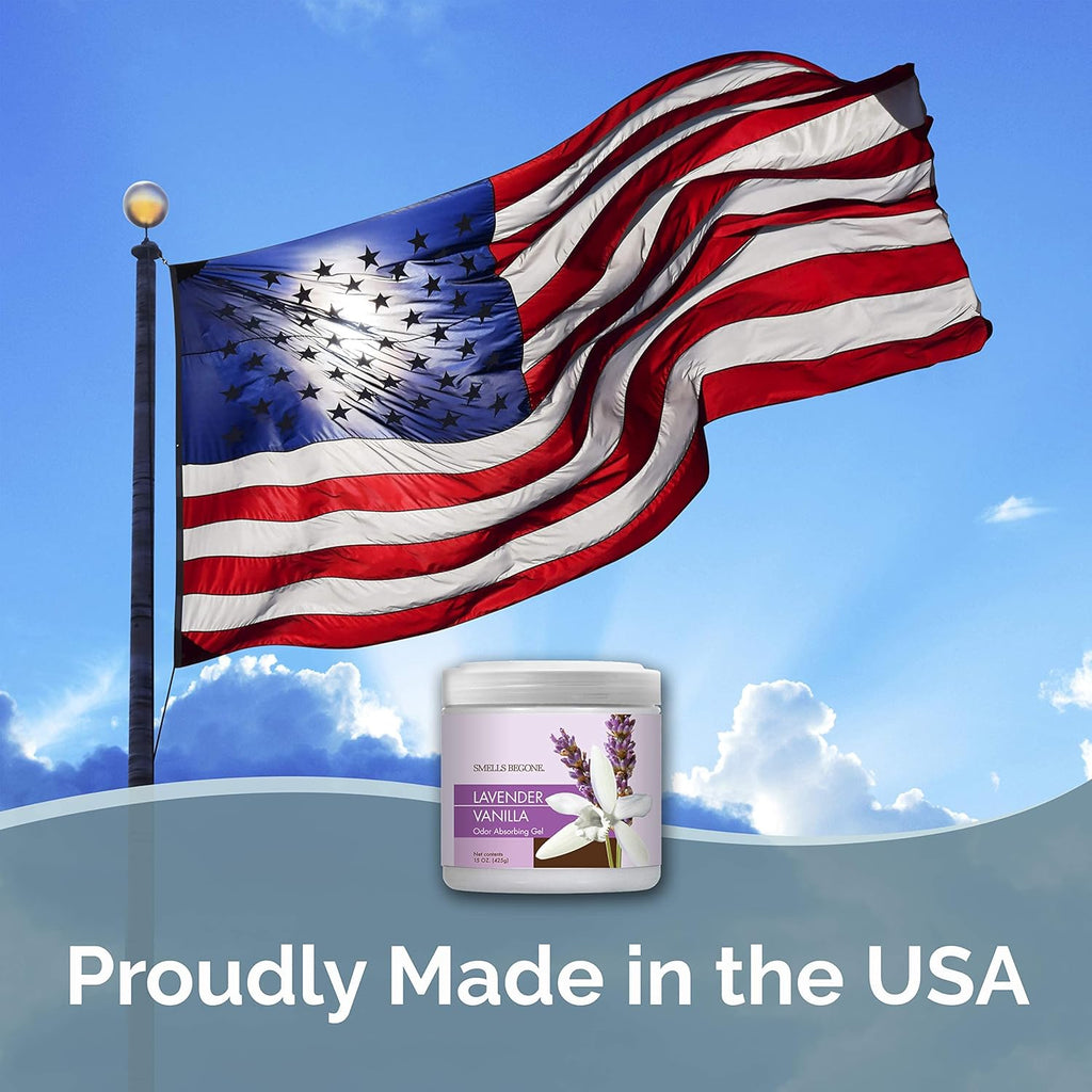 SMELLS BEGONE Air Freshener Odor Absorber Gel - Absorbs Odor from Bathrooms, Cars, Pet Areas, Boats and RVs - Made with Essential Oils - Lavender Vanilla Scent - 15 Ounce