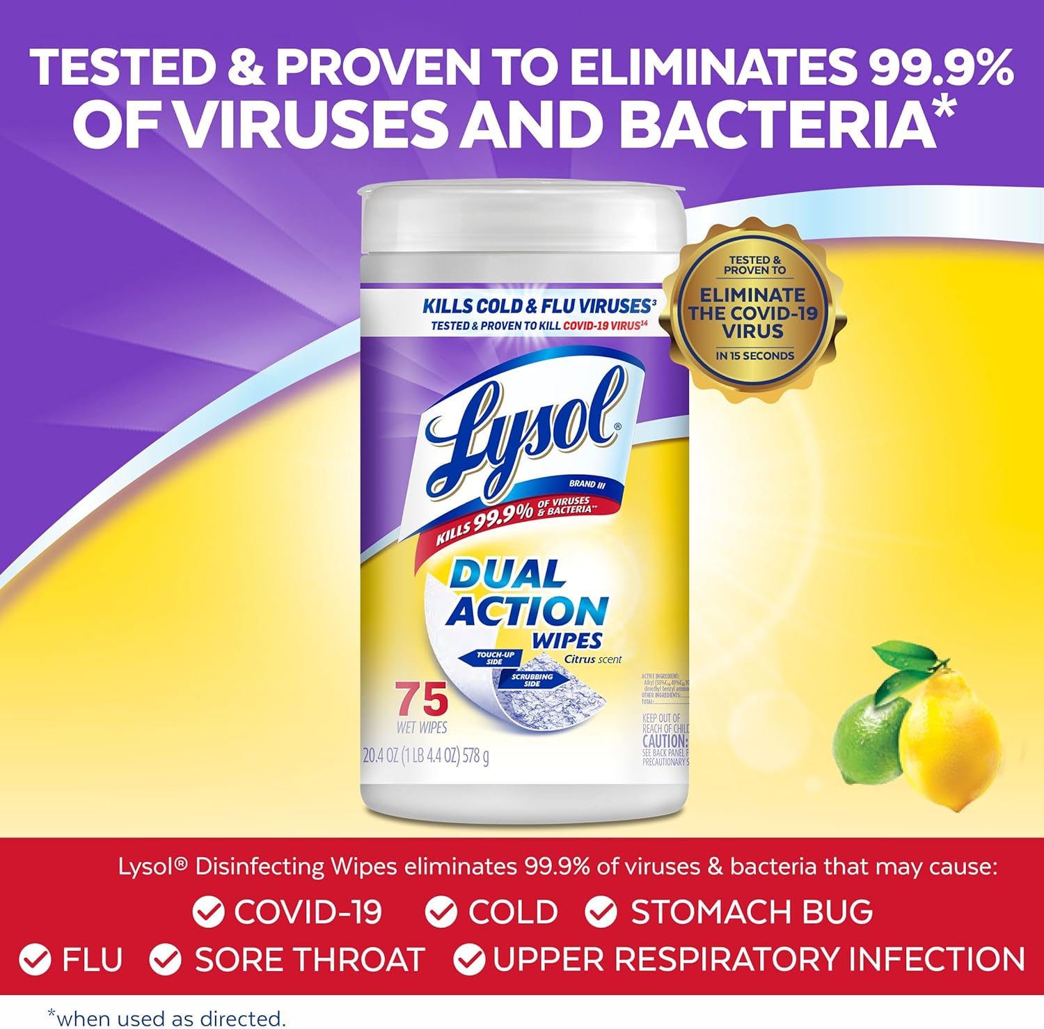 Lysol Dual Action Disinfectant Wipes, Multi-Surface Antibacterial Scrubbing Wipes, For Disinfecting and Cleaning, Citrus Scent, 75ct (Pack of 12), Packaging May Vary