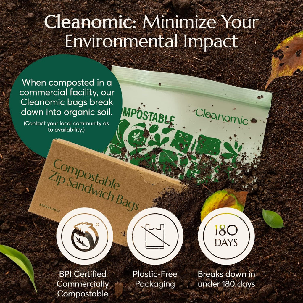 Cleanomic Compostable* Sandwich Size Food Storage Bags (25 Eco Zip) Freezer and Leak Proof, Also Available Gallon, Quart and Snack Size Bags