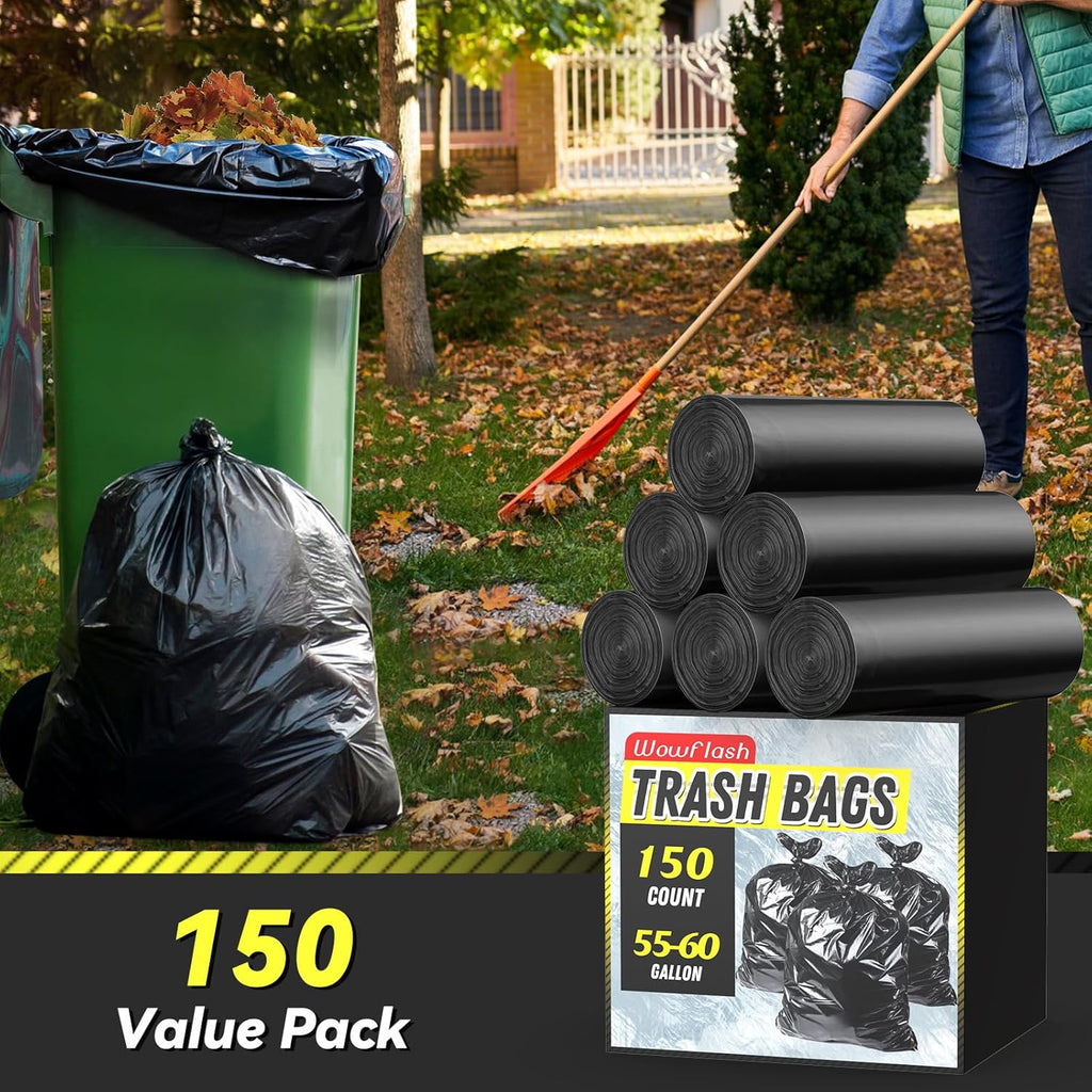 150 Count 55-60 Gallon Trash Bags, Sturdy & Tear-Resistant Commercial Can Liners 55 Gallon, Large Garbage Bags, Large Black Trash Bags for Commercial, Lawn and Leaf Bags