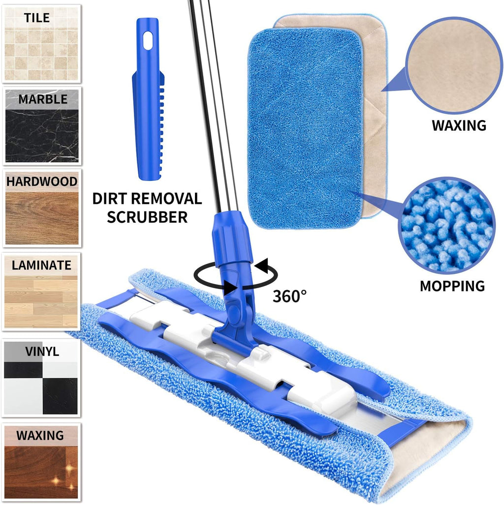 MR.SIGA Professional Microfiber Mop for Hardwood, Laminate, Tile Floor Cleaning, Stainless Steel Telescopic Handle - 3 Reusable Flat Mop Refills and 1 Dirt Removal Scrubber Included