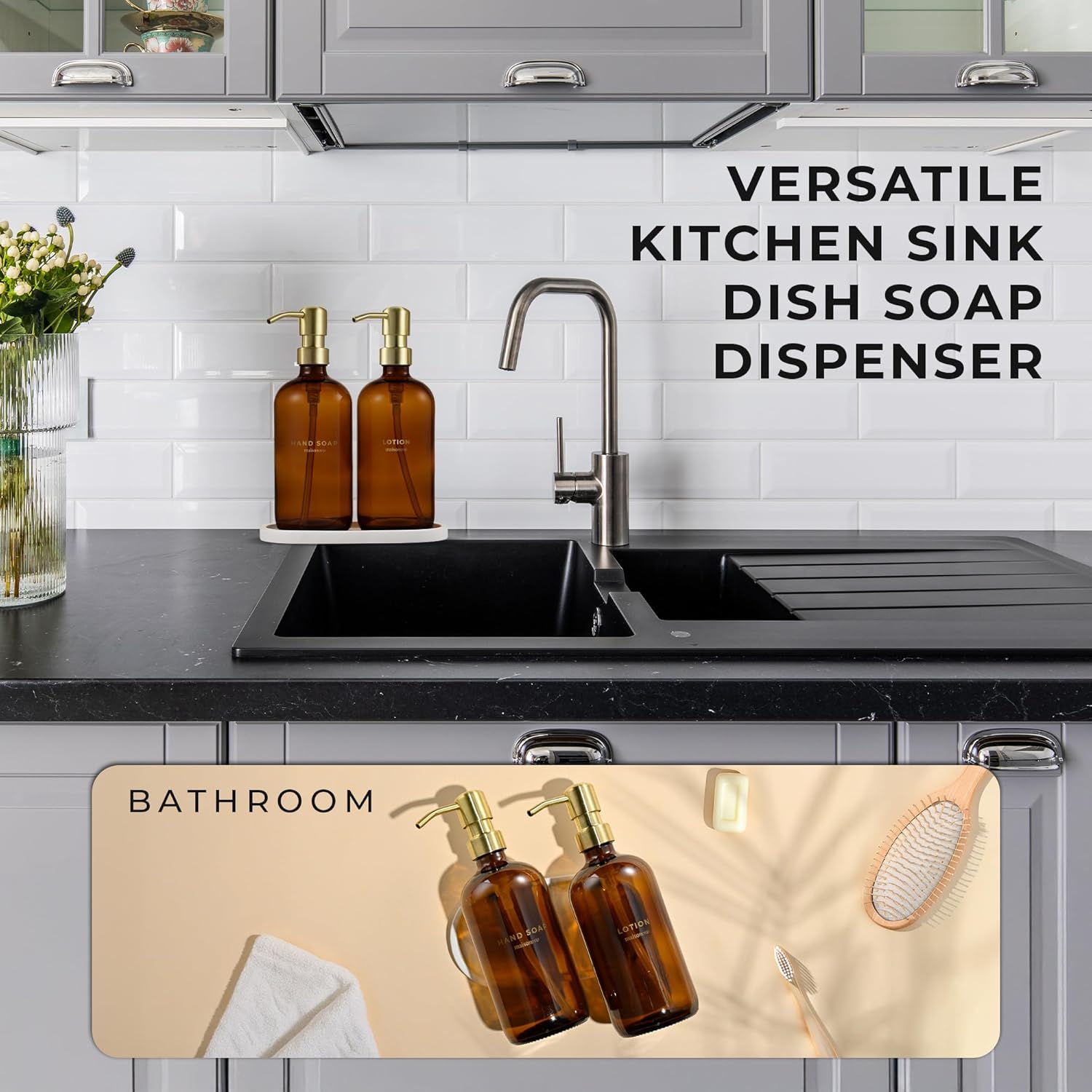 MaisoNovo Soap Dispenser 3-Piece Set | 16.9oz Amber Bottles with Gold Stainless Steel Pumps