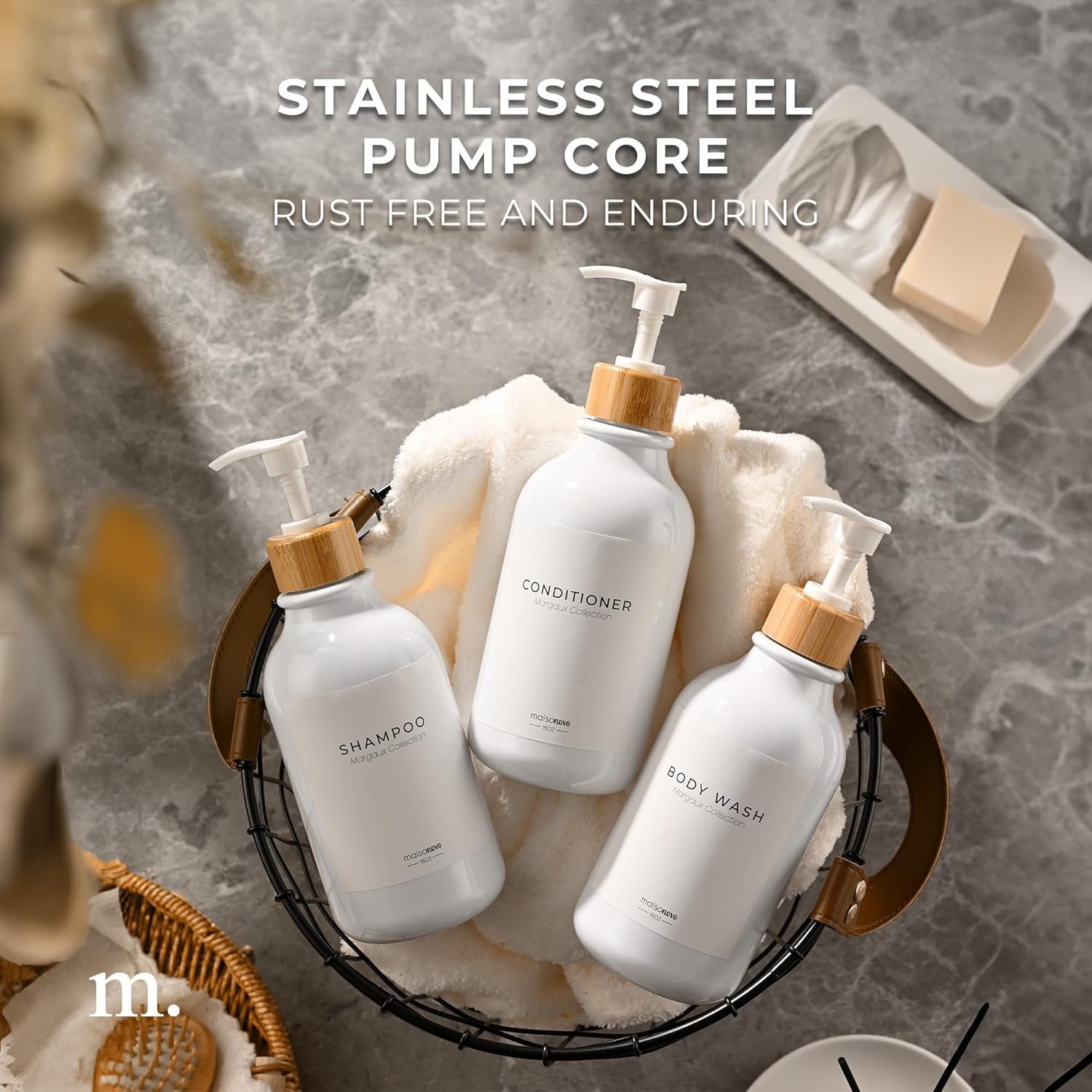 MaisoNovo Refillable Shampoo and Conditioner Bottles | 16.9 fl oz Set of 3 White Plastic Bottles White Bamboo Pumps