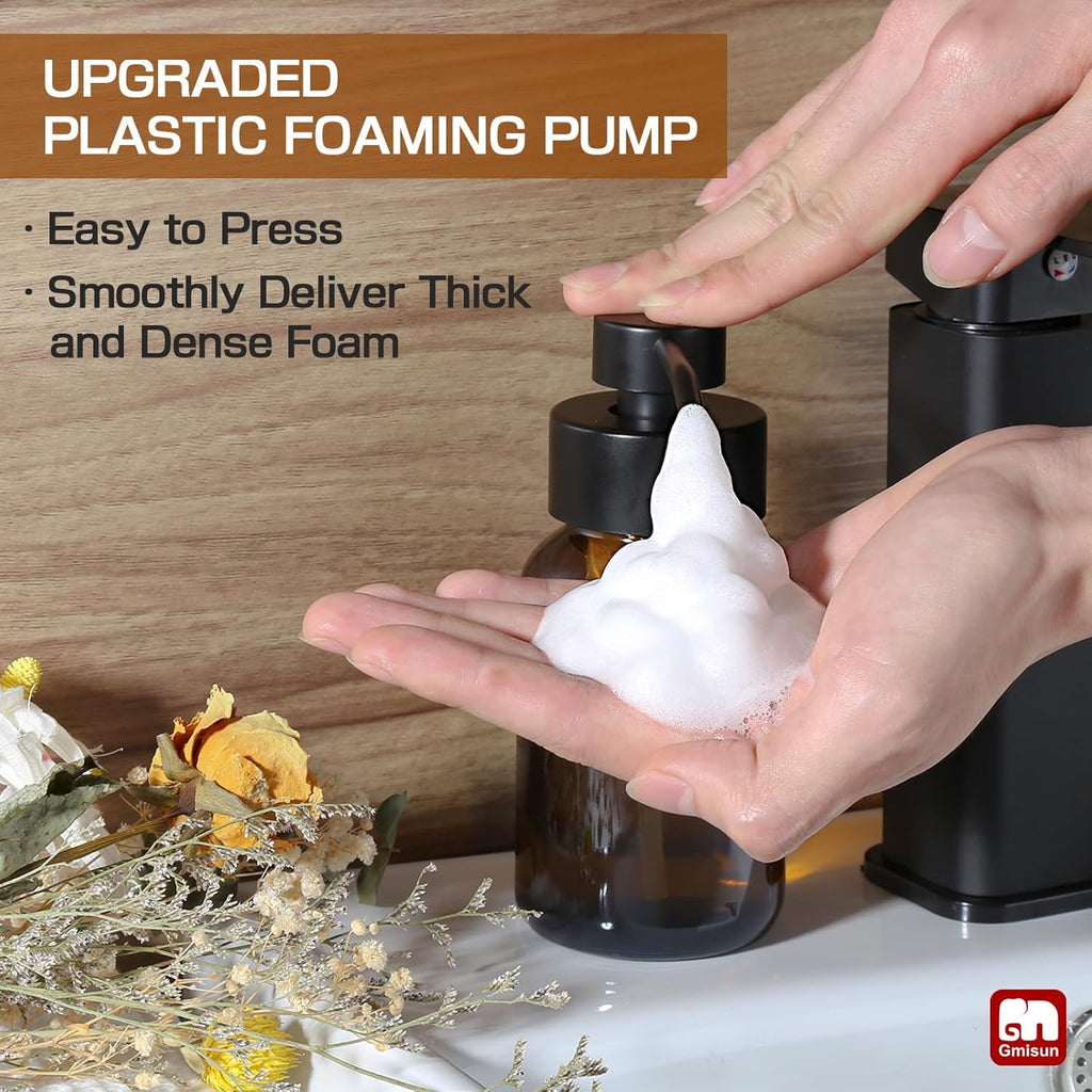 GMISUN Foaming Soap Dispenser, 8.5 fl oz / 250ml Amber Glass Foam Soap Dispenser for Bathroom & Kitchen, 2 Pack Modern Refillable Foaming Hand Soap Dispensers, Foam Pump Bottle with Waterproof Labels