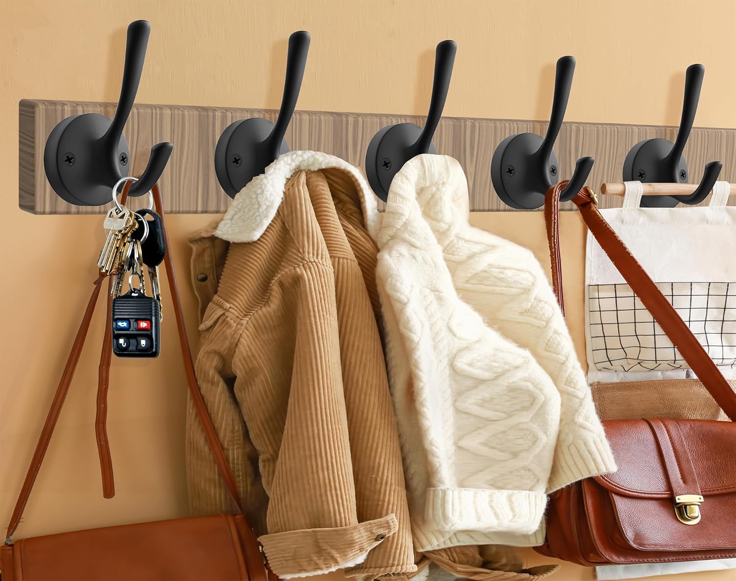 Black Towel Hooks for Wall, 5 Pack Coat Robe Hook Heavy Duty Metal Double Bath Hook Wall Mounted, Hat Hooks for Cubicle Bathroom Kitchen Closet Garage