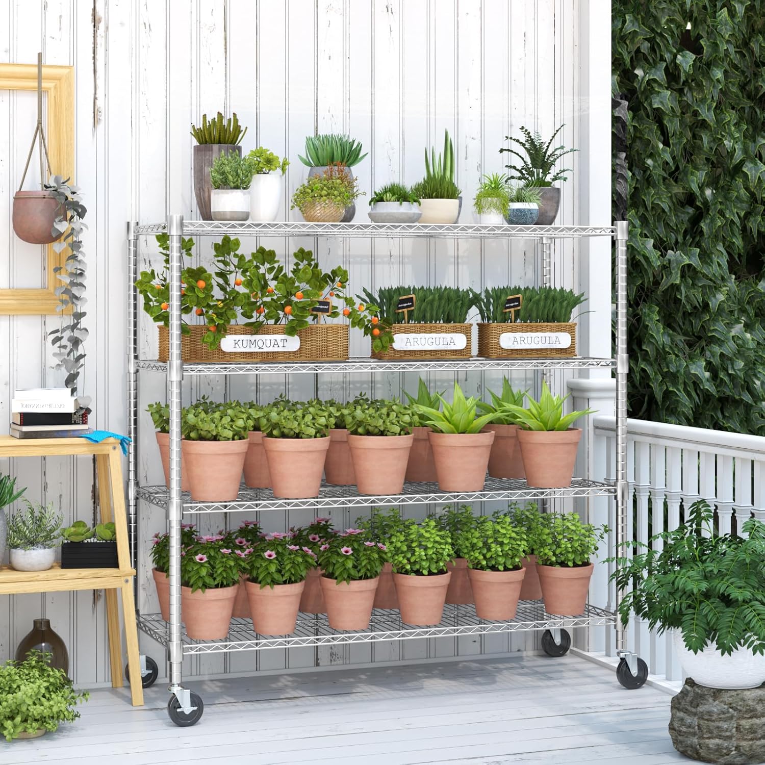 Himimi 72" H Storage Shelves 4 Tier Metal Shelving Adjustable Wire Shelf with Wheels, Heavy Duty Shelving for Garage Kitchen Pantry Bathroom Laundry,18" D*48" W*72" H, Silver