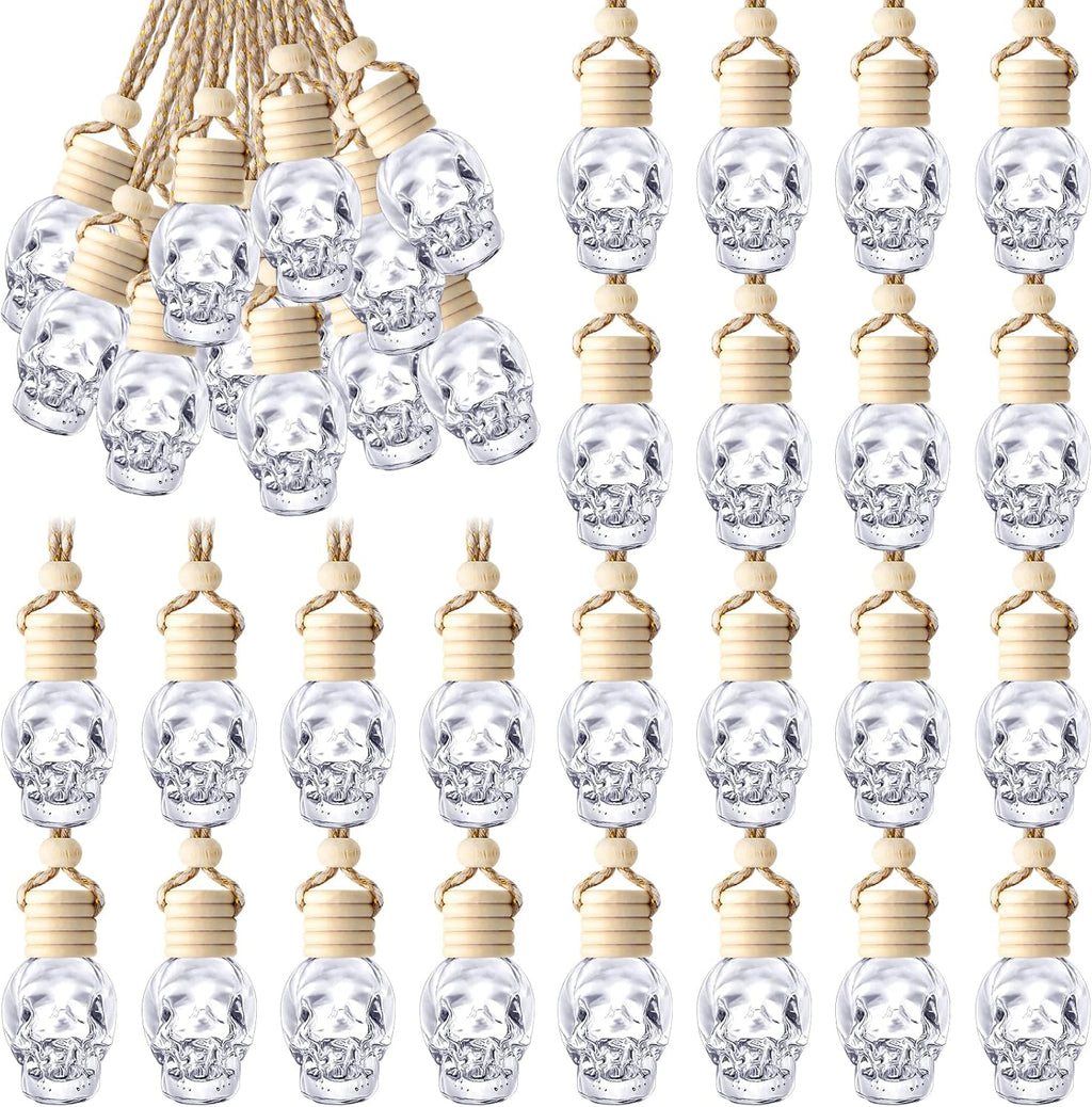BBTO 50 Pcs Hanging Car Air Freshener Car Diffuser Bottles Empty Glass Perfume Bottle Freshener Diffuser Bottle Pendant for Essential Oil Fragrance Aromatherapy Bottle Ornament(Skull)