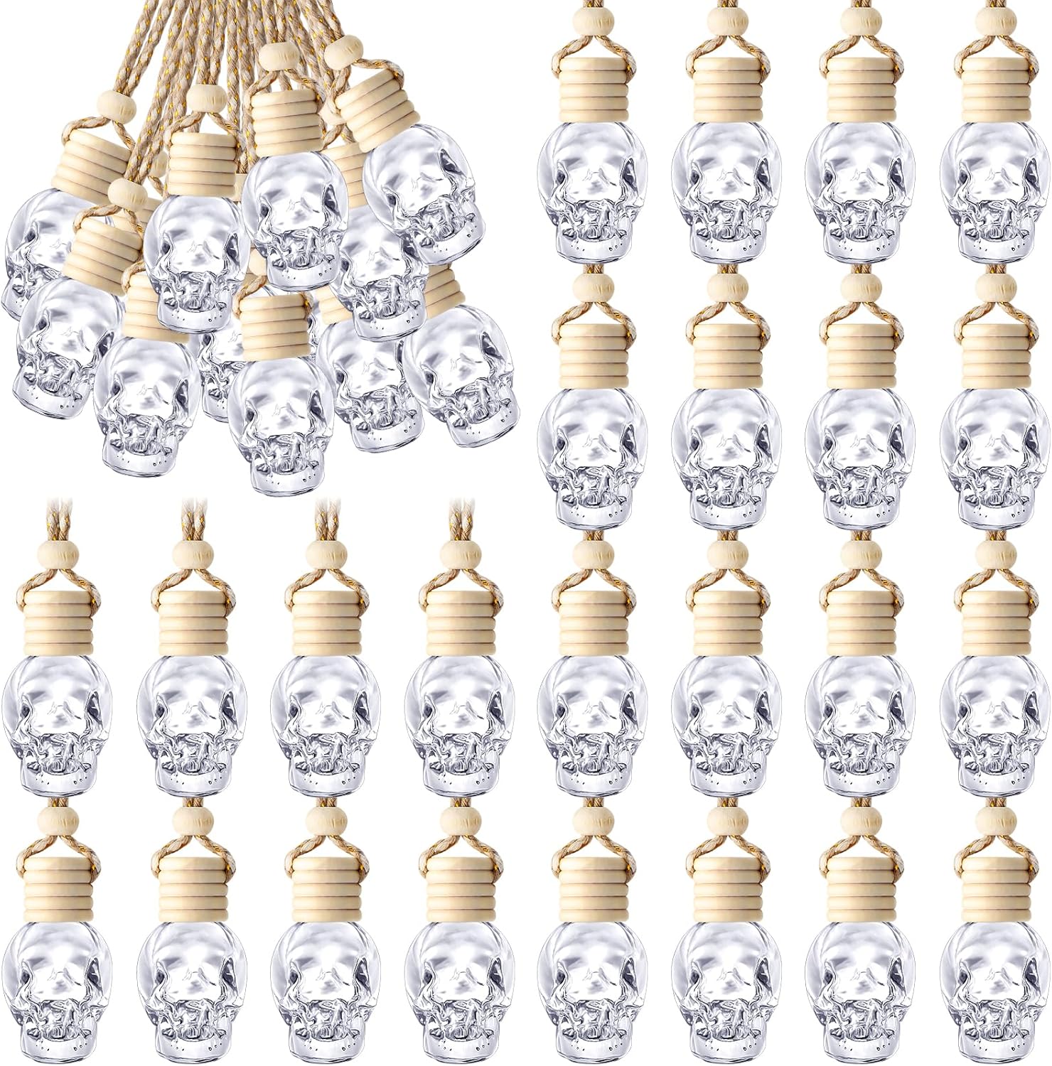 BBTO 50 Pcs Hanging Car Air Freshener Car Diffuser Bottles Empty Glass Perfume Bottle Freshener Diffuser Bottle Pendant for Essential Oil Fragrance Aromatherapy Bottle Ornament(Skull)