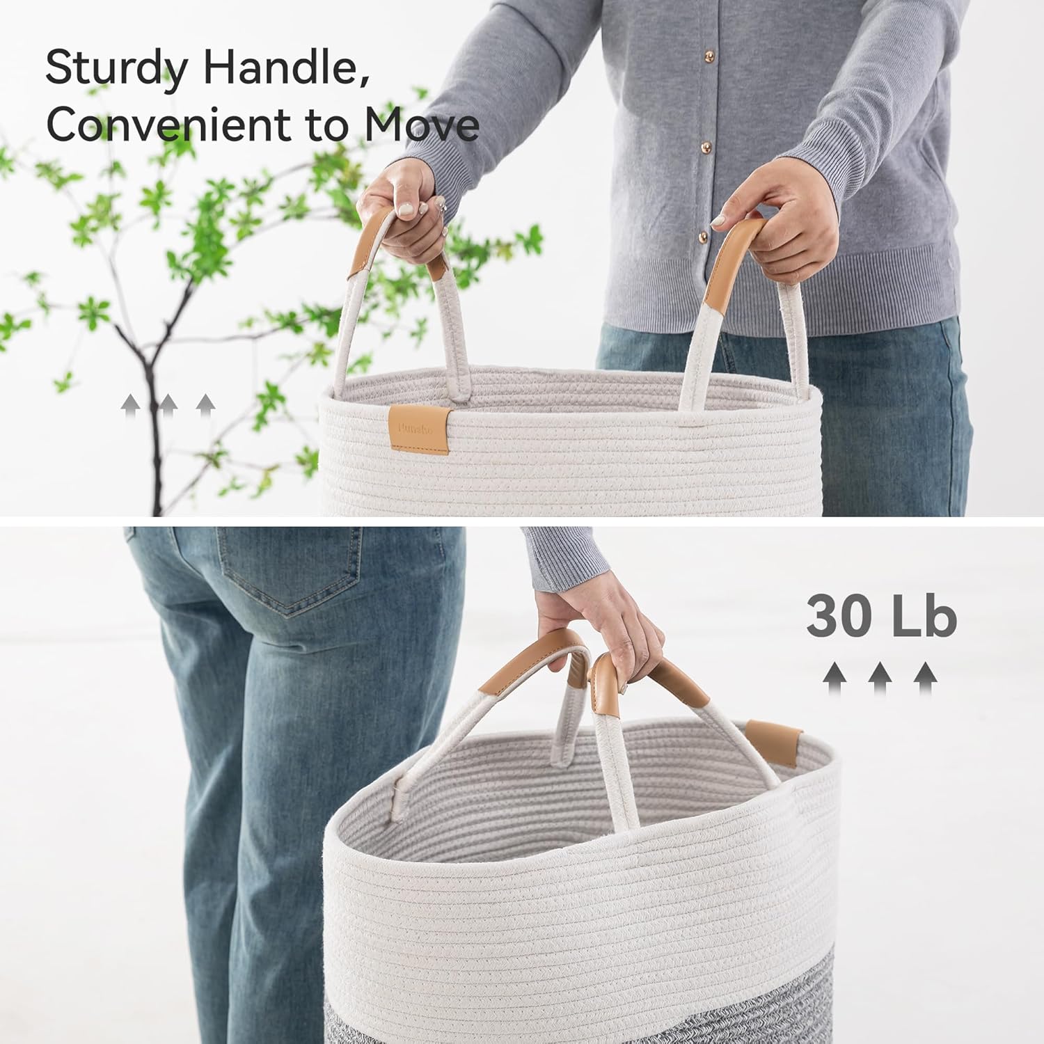 95L Striped Laundry Hamper with Leather Handles ,Large Foldable Laundry Basket for Clothes,Cotton Rope Storage Bin for Blankets,Woven Clothes Basket for Bedroom,Gray Stripes