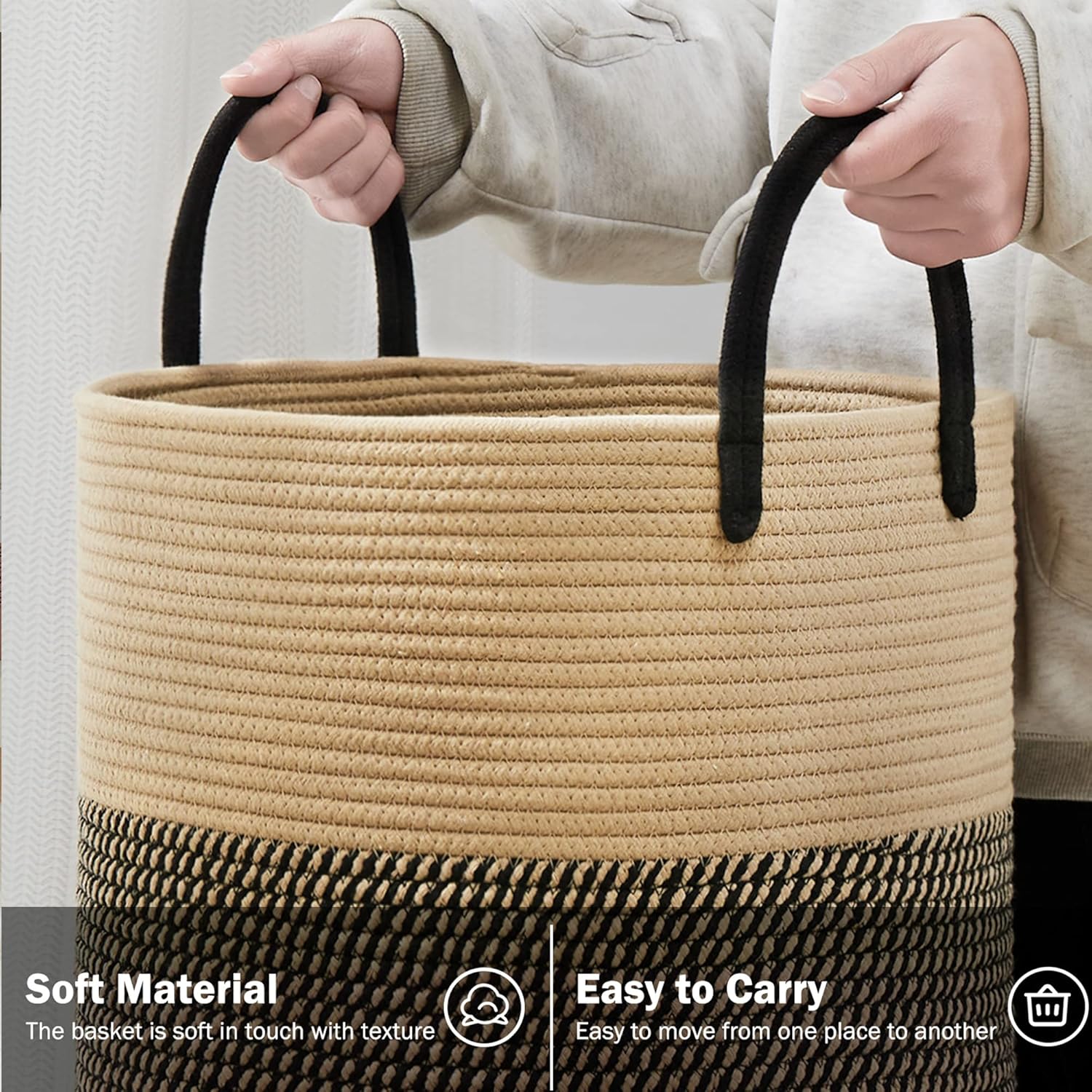 YOUDENOVA Woven Rope Laundry Hamper Basket, 100L Tall Laundry Basket, Baby Nursery Hamper for Blanket Storage, Clothes Hamper for Laundry in Bedroom-Extra Large-Black Brown