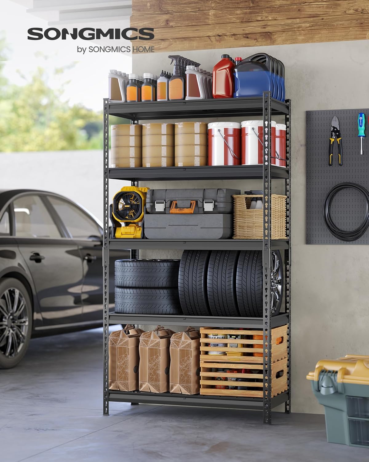 SONGMICS 5-Tier Storage Shelves, Heavy-Duty Garage Shelving, Adjustable Shelving Unit, Steel Shelf, Boltless Assembly, for Garage, Shed, 2,250 lb Load, 18 x 36 x 72 Inches, Ink Black UGLR453B01