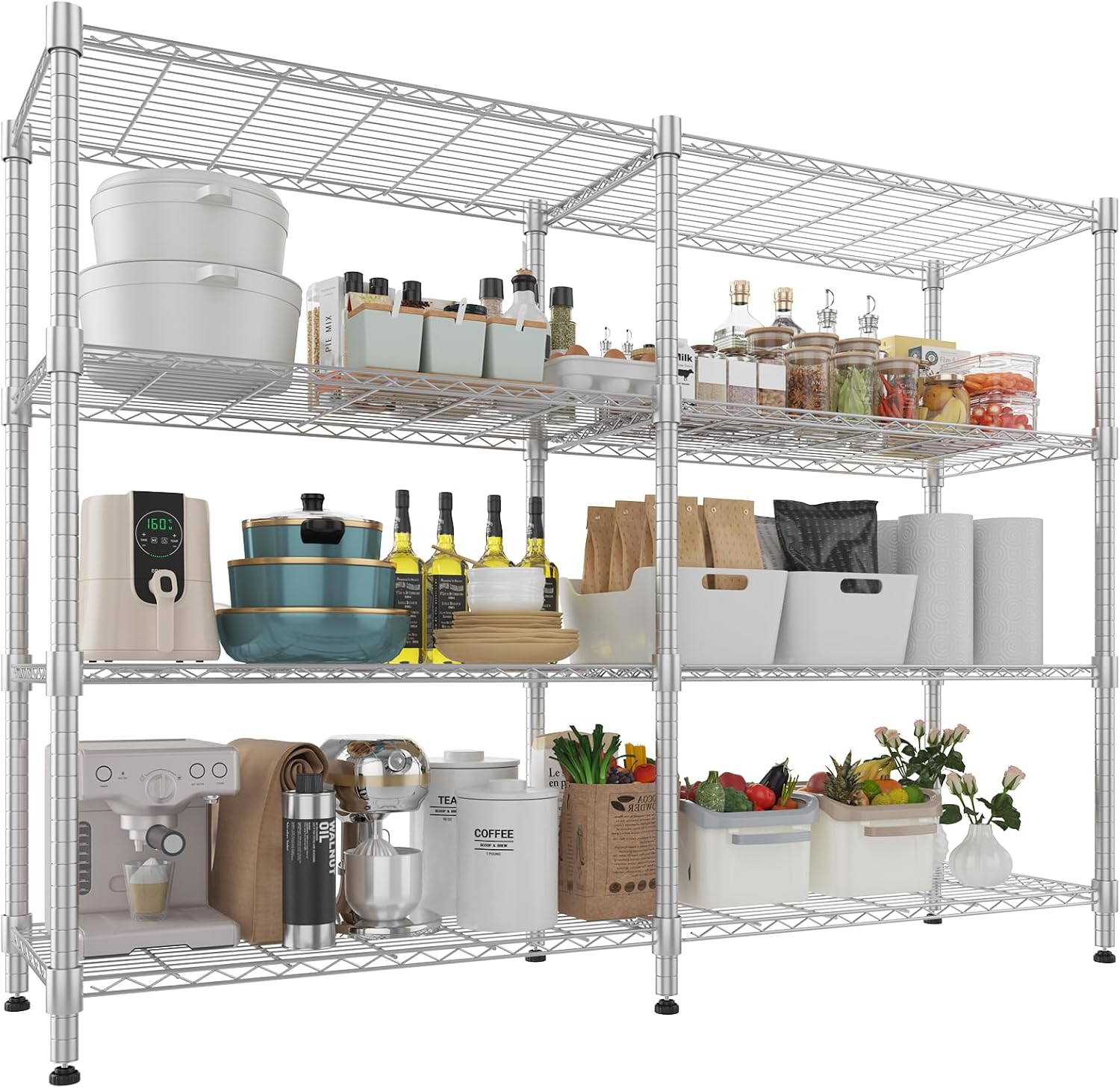 Himimi 4-Tier Adjustable Metal Shelving - 1600LBS Capacity, Heavy Duty Wire Organizer for Pantry, Kitchen, Garage, Laundry, 72" W x 18" D x 60" H, Silver
