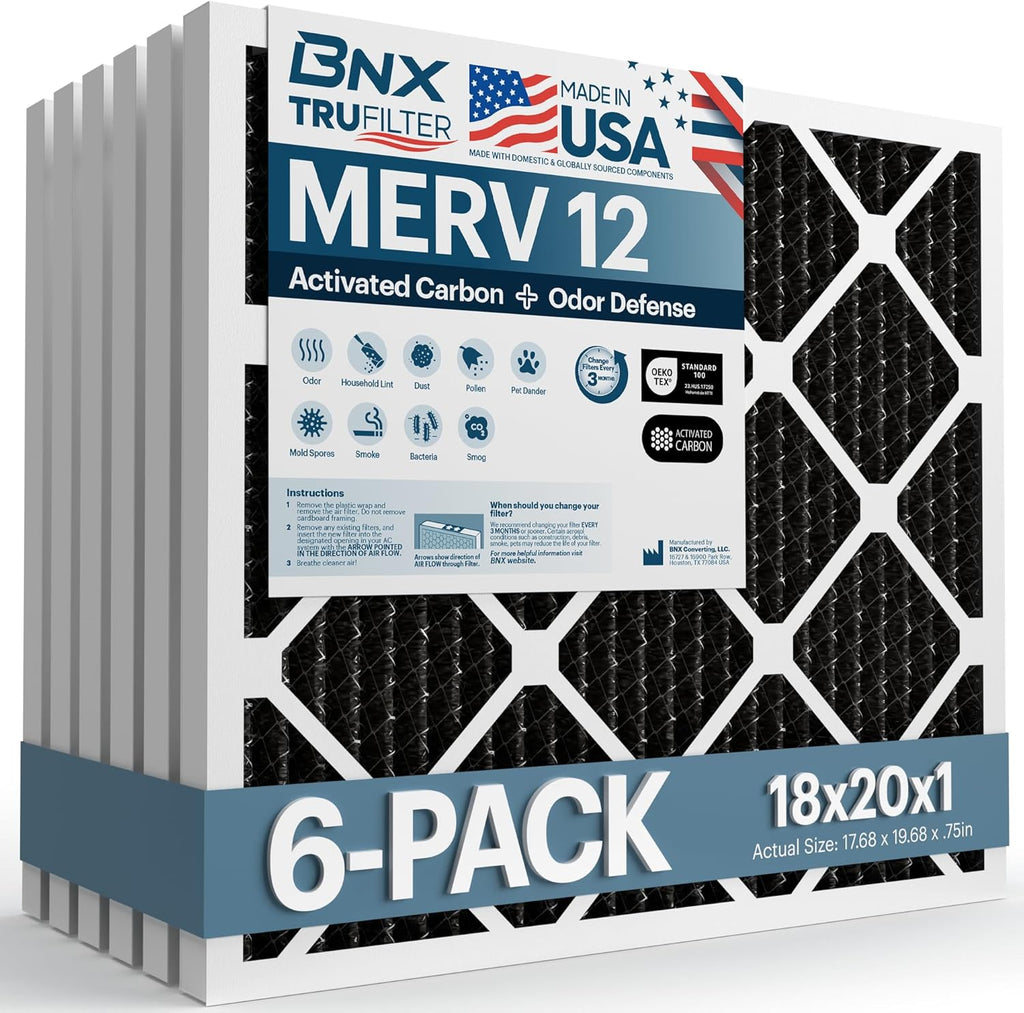 BNX TruFilter 18x20x1 MERV 12 Odor Defense (6-Pack) AC Furnace Air Filter with Activated Carbon - MADE IN USA - Pleated Air Conditioner HVAC AC Furnace Filters - Removes Odor, Mold, Bacteria, Smoke