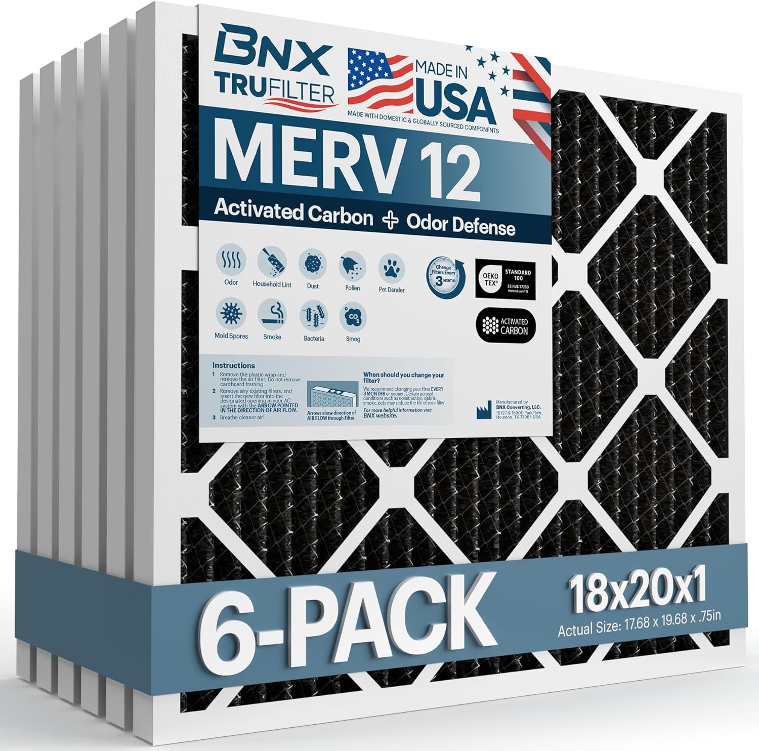 BNX TruFilter 18x20x1 MERV 12 Odor Defense (6-Pack) AC Furnace Air Filter with Activated Carbon - MADE IN USA - Pleated Air Conditioner HVAC AC Furnace Filters - Removes Odor, Mold, Bacteria, Smoke