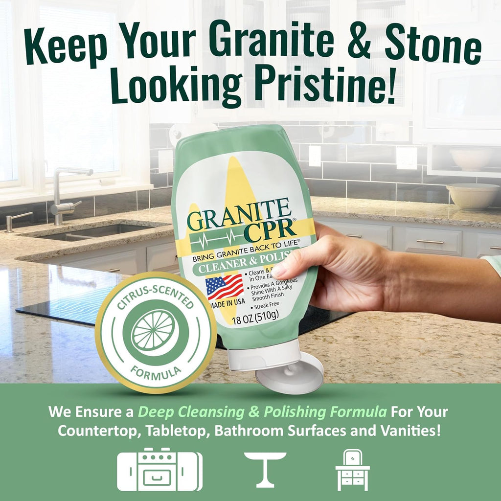 Granite CPR Cleaner & Polish Can Be Used Daily On Granite, Marble, Quartz & Corian. Leaves A Gorgeous Streak-Free Shine & Silky Smooth Finish. Cleans & Polishes All Stone Countertops In One Easy Step.