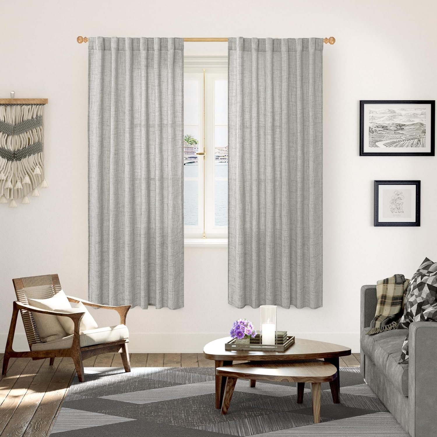 YoungsTex Dark Grey Linen Semi Sheer Curtains 2 Panels for Living Room, Light Filtering Window Treatments Textured Privacy with Back Tab Rod Pocket for Bedroom, 52 X 72 Inch