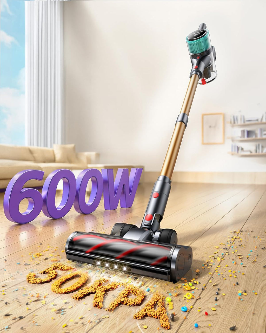Cordless Vacuum Cleaner, 50Kpa 600W Vacuum Cleaners for Home, 60 Mins Stick Vacuum Cordless Rechargeable, Self-Standing, Wall Mount Charging Household Vacuum Cleaner for Carpet Pet Hair Hardwood Floor