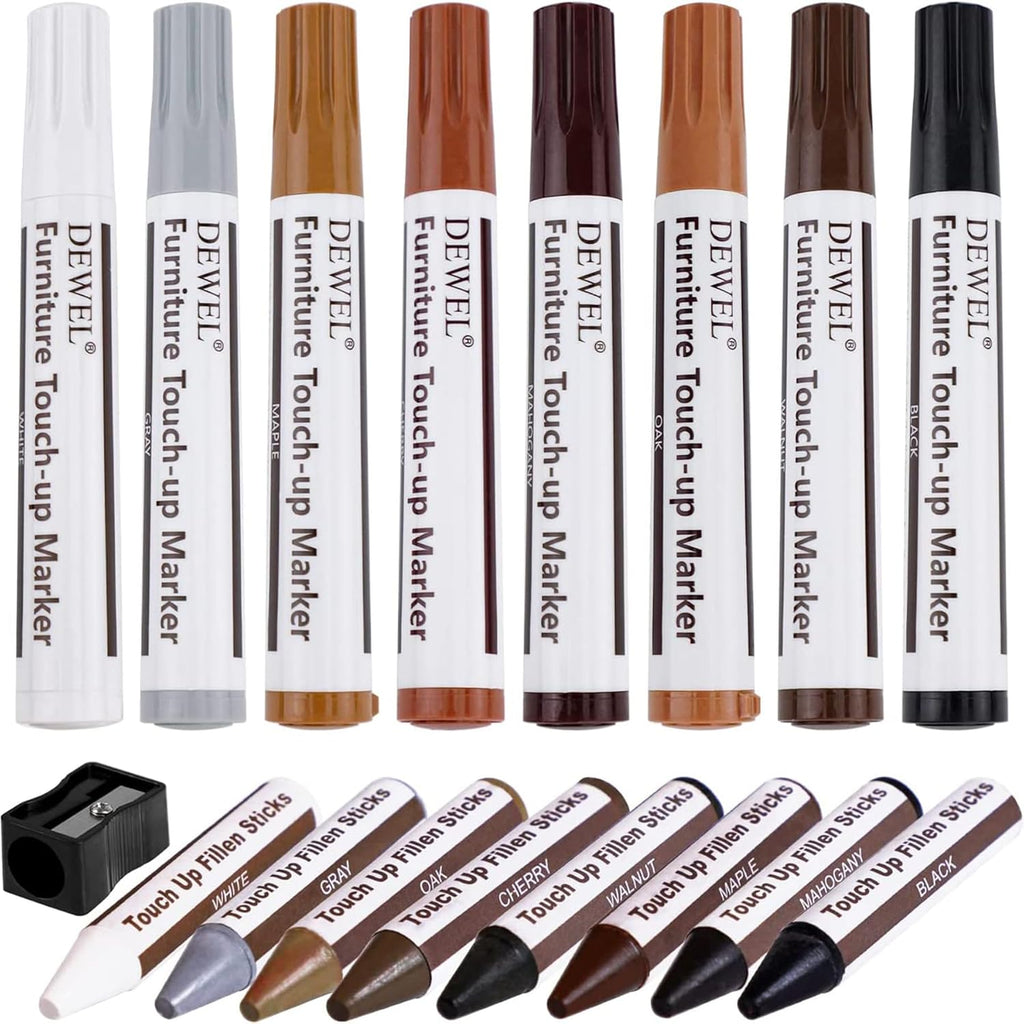 DEWEL Furniture Markers Touch Up, Upgrade Wooden Furniture Repair Kit, Premium Wood Scratch Repair Markers and Wax Sticks for Wood Stains Scratches Hardwood Floors Tables, Set of 17