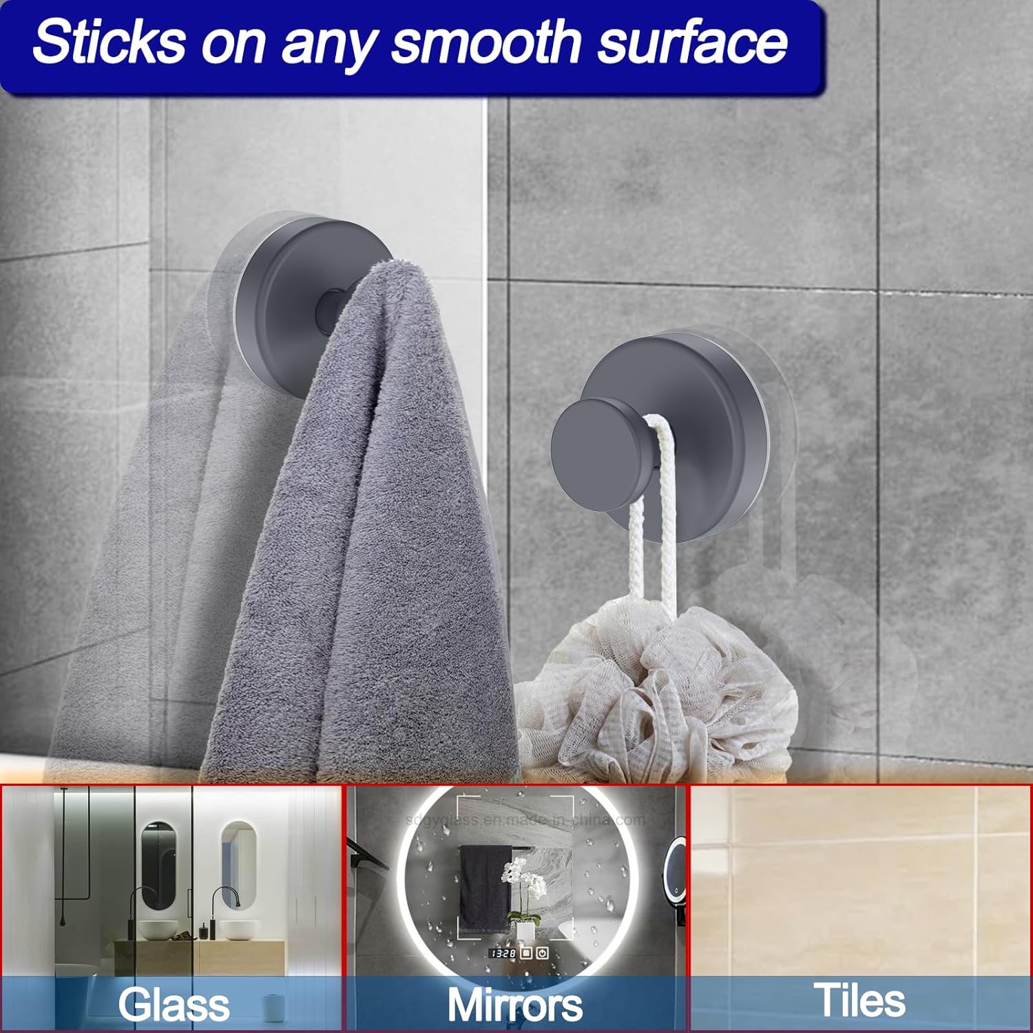 Suction Cup Hooks for Shower, Removable Towel Hooks for Bathroom Window Glass Door Wall, Bath Robe Looafh Hook for Hanging - 2 Pack, Grey