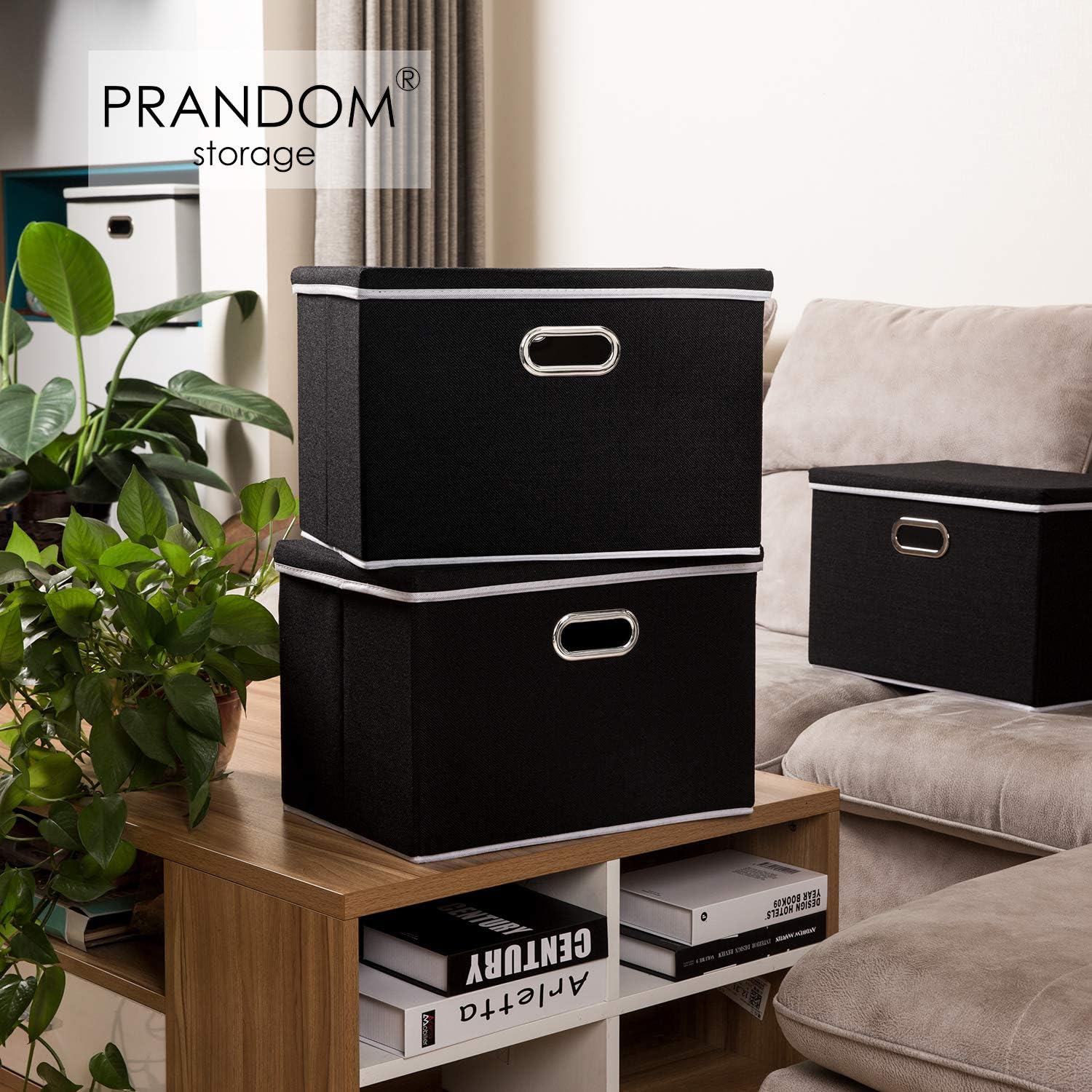 PRANDOM Large Foldable Storage Boxes with Lids [3-Pack] Fabric Collapsible Storage Bins Organizer Containers Baskets Cube with Cover for Home Bedroom Closet Office Nursery Black(17.7x11.8x11.8)