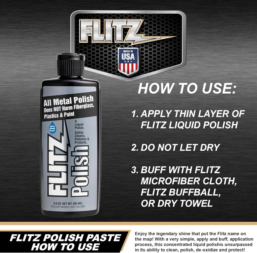 Flitz Multi Purpose Metal Polish Liquid - 3.4oz Bottle of USA-Made Tarnish Remover - For Aluminum, Chrome, Brass, Nickel, Silver - Non-Abrasive Metal Cleaner and Polish, Restorer (1 Pack)