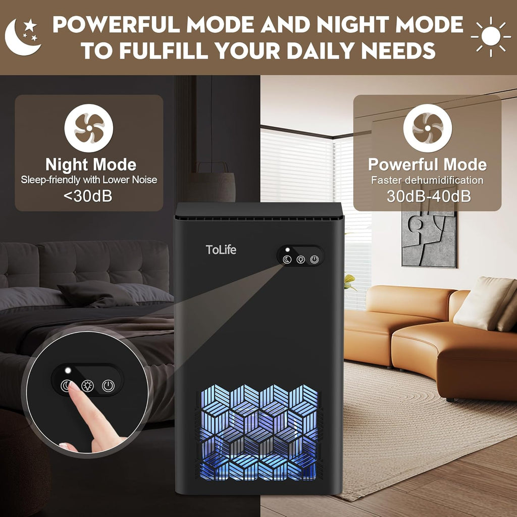 ToLife Dehumidifier for Home, 1000 sq.ft Dehumidifiers for Basement Bedroom Bathroom with 95 OZ Water Tank, Auto Shut Off 7 Colors LED Light, Black