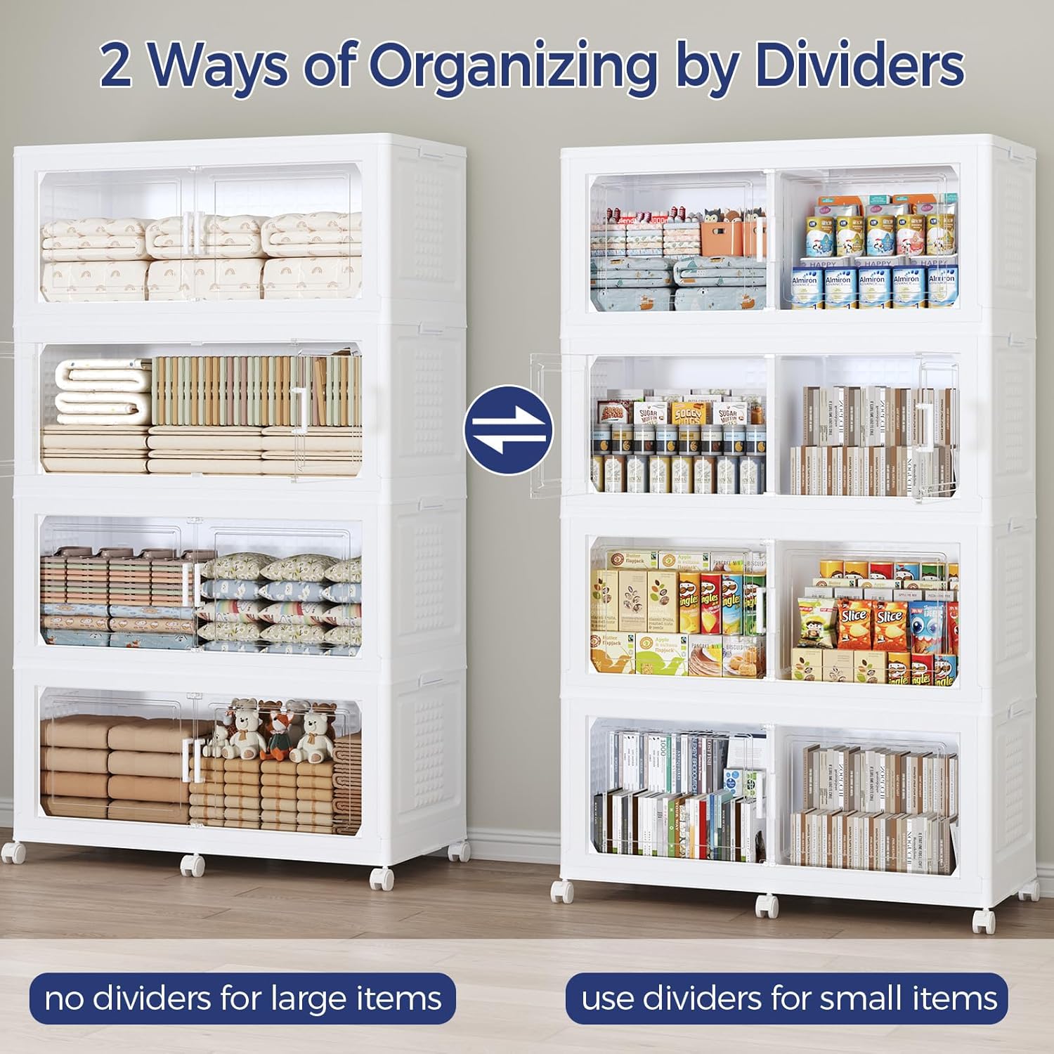 200GAL Storage Bins with Lid and Wheels, Stackable Closet Organizers and Storage Drawer, Collapsible Storage Box with Dividers, Foldable Plastic Cabinets Cubes Totes for Garage, 5 Pack White